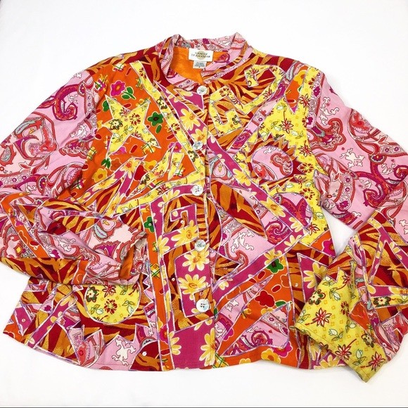Sandy Starkman Women’s Embellished Yellow Pink Mixed Media Jacket Vintage 90s S
