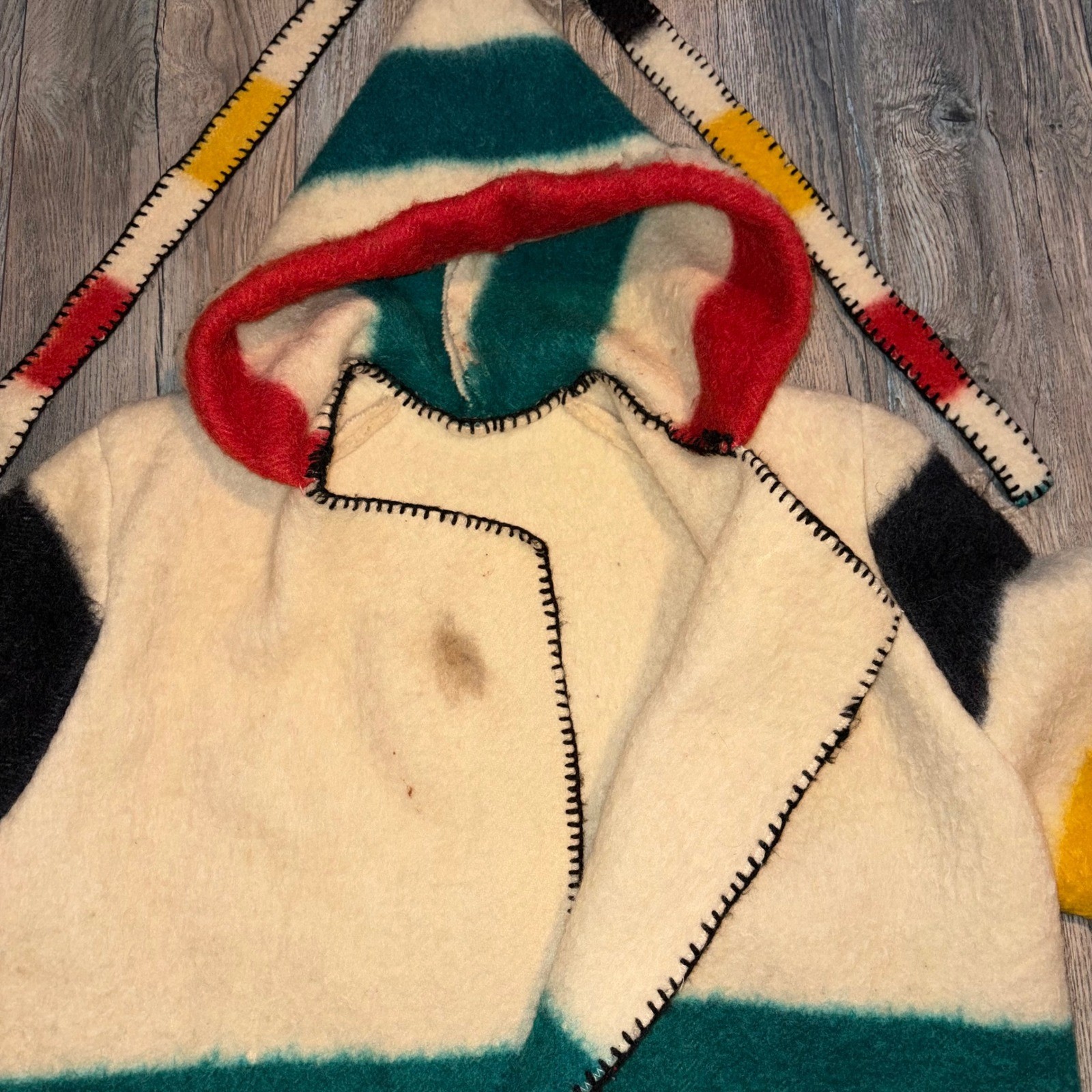 Vintage Handmade Hudson Bay Style Wool Blanket Coat Multi Stripe Hooded Belted