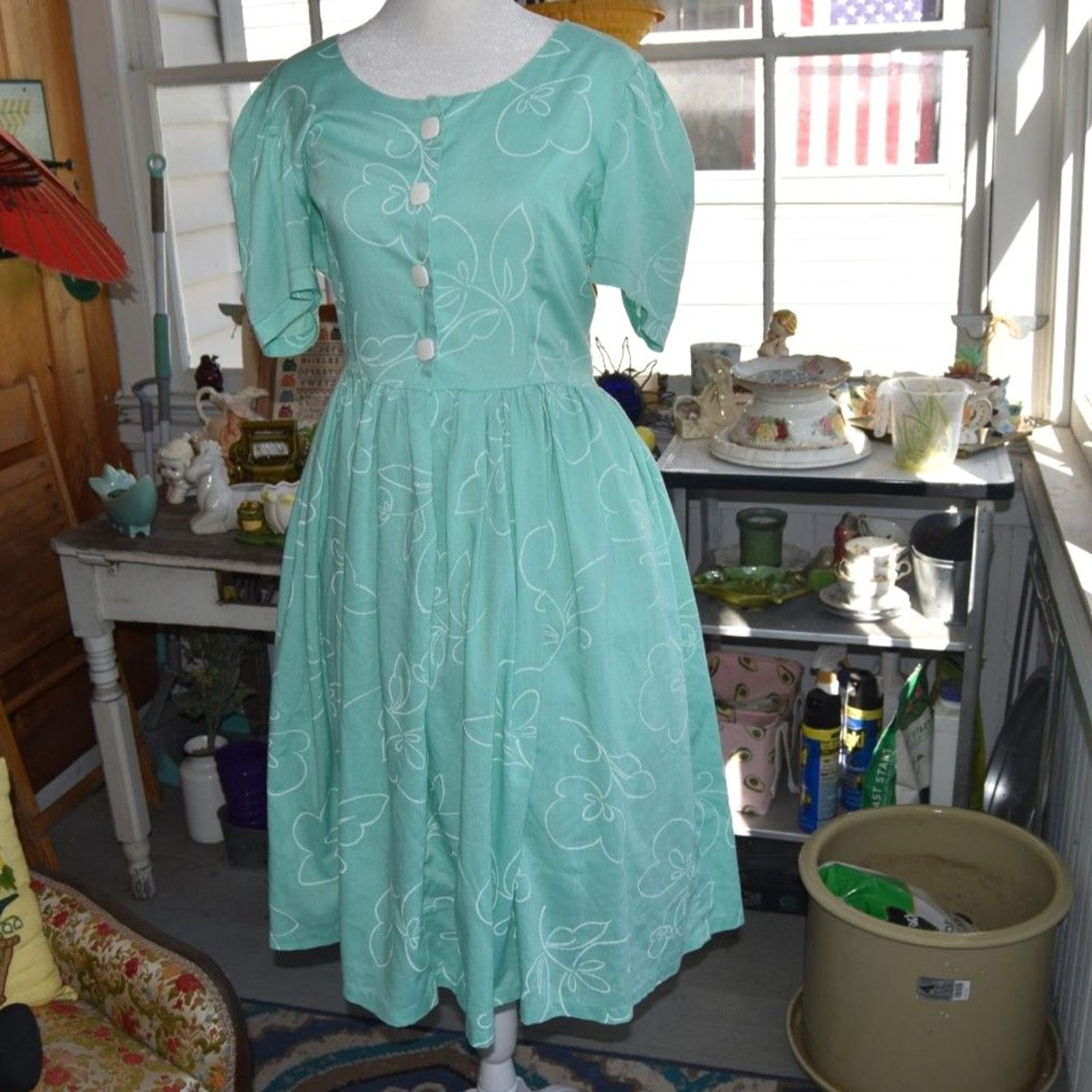 Vintage 80s Mint Green Floral Dress Puff Sleeve Cottagecore Prairie M