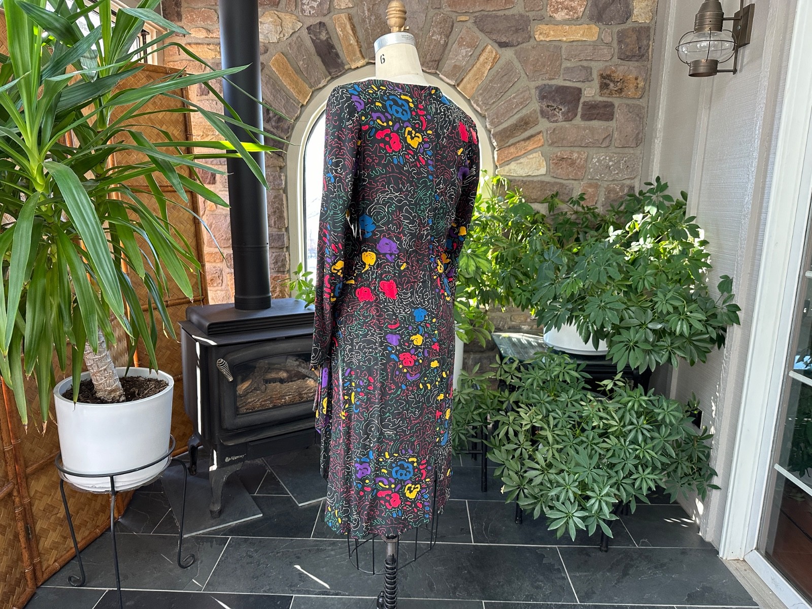 Vintage 1990s Black and Primary Color Abstract Silk Sarong Style Dress Nora Noh