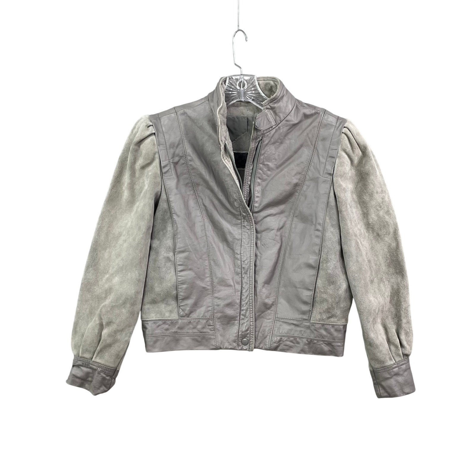 Le Soleil Leather Jacket Women’s 5-6 Gray Vintage Suede Mixed Media Puff Sleeves
