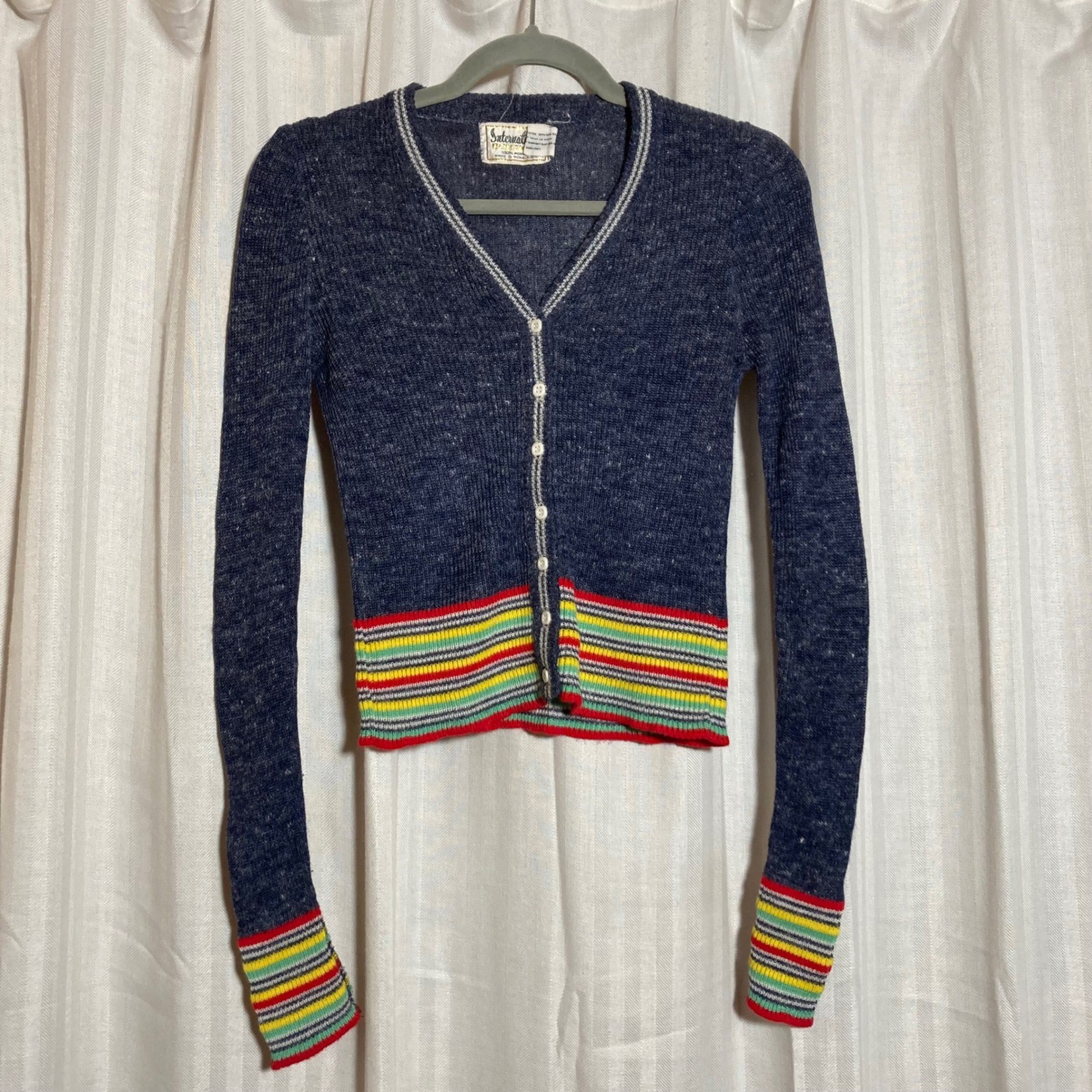 Vintage International Boutique Blue Gray Rainbow Stripe Knit Cardigan Sweater S