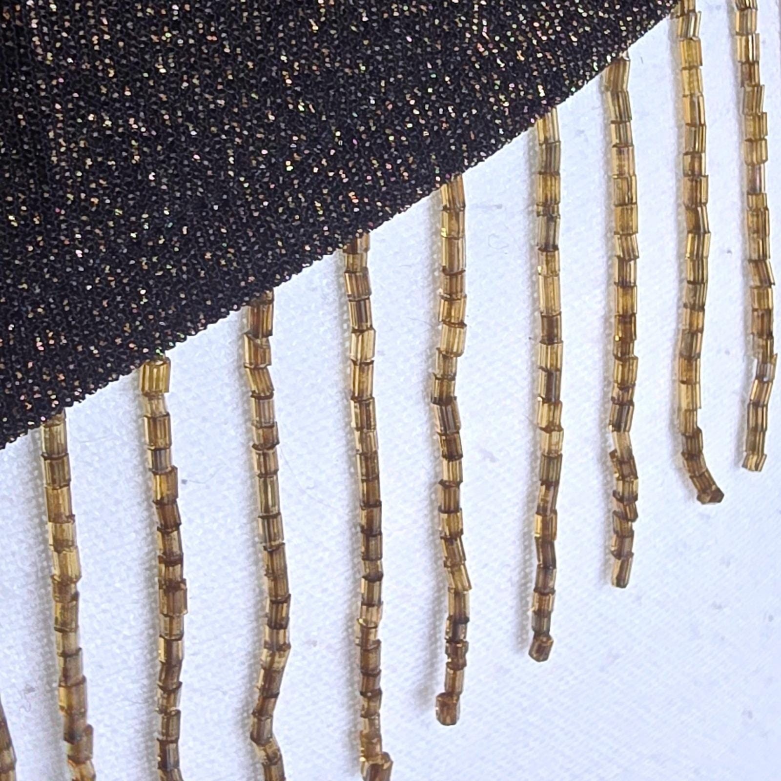VTG 90s Mirrors Black Gold Metallic Cami Top Large Beaded Fringe Handkerchief L