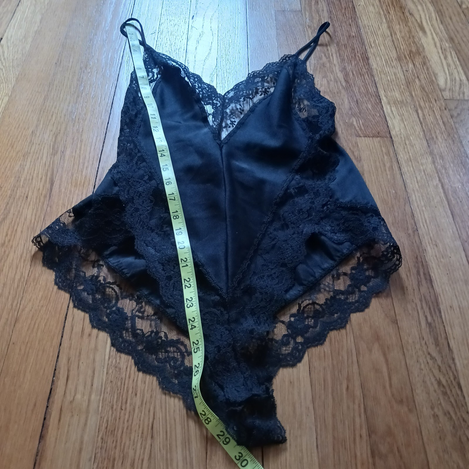 VTG Ms. Leslee Lingerie Black Satin Nylon & Lace Teddy Romper Playsuit Medium
