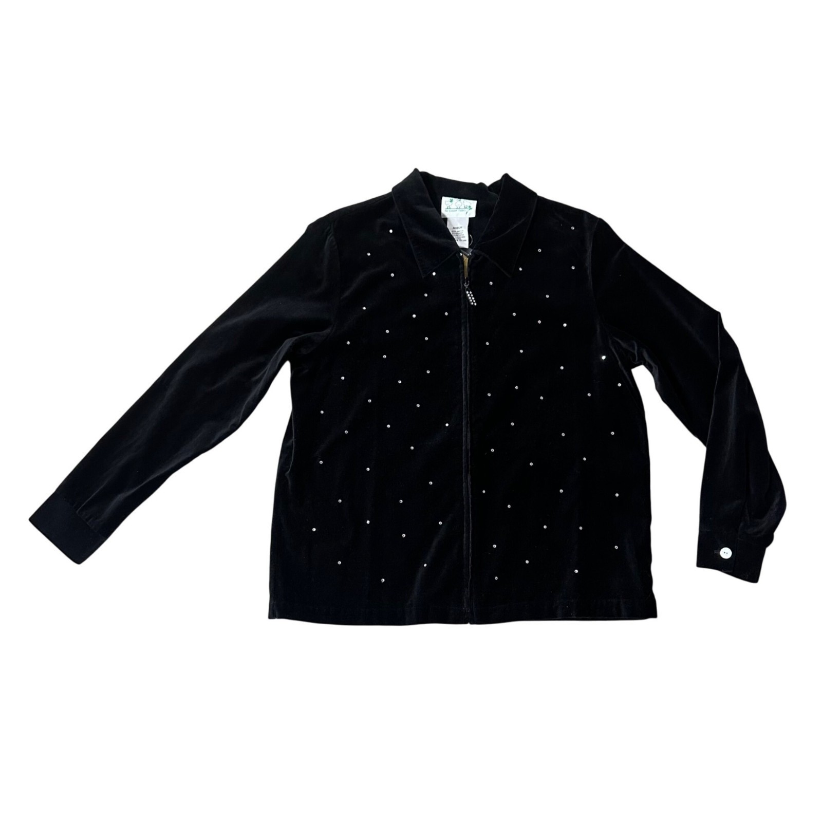 Vintage Quacker Factory Black Velvet Shirt Rhinestones Size Medium 1990s Zip Up