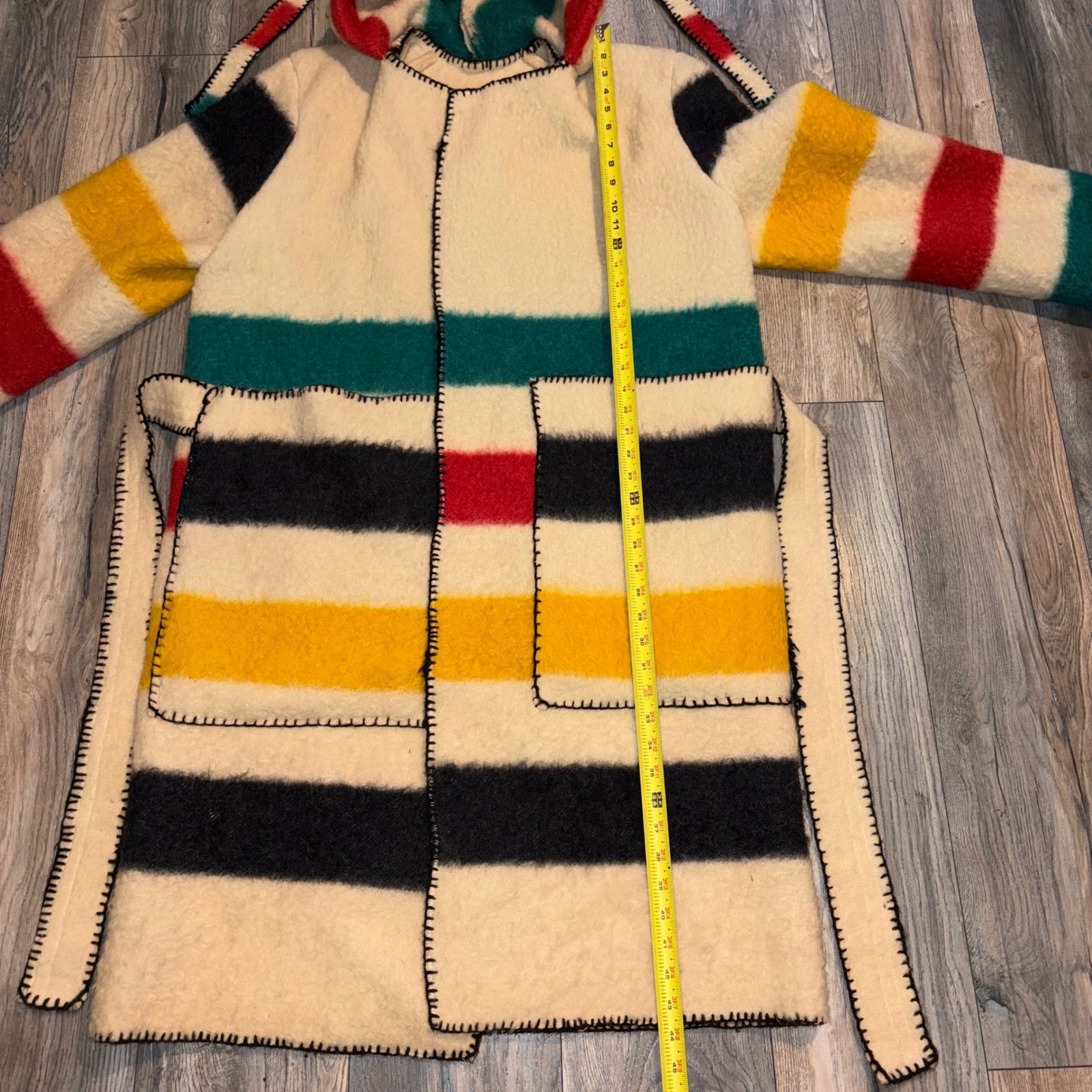 Vintage Handmade Hudson Bay Style Wool Blanket Coat Multi Stripe Hooded Belted