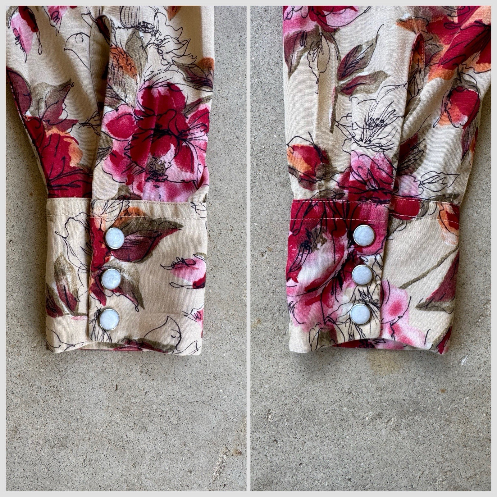 H Bar C Western Pearl Snap Ruffle Blouse Floral Rockabilly Shirt USA S Vintage