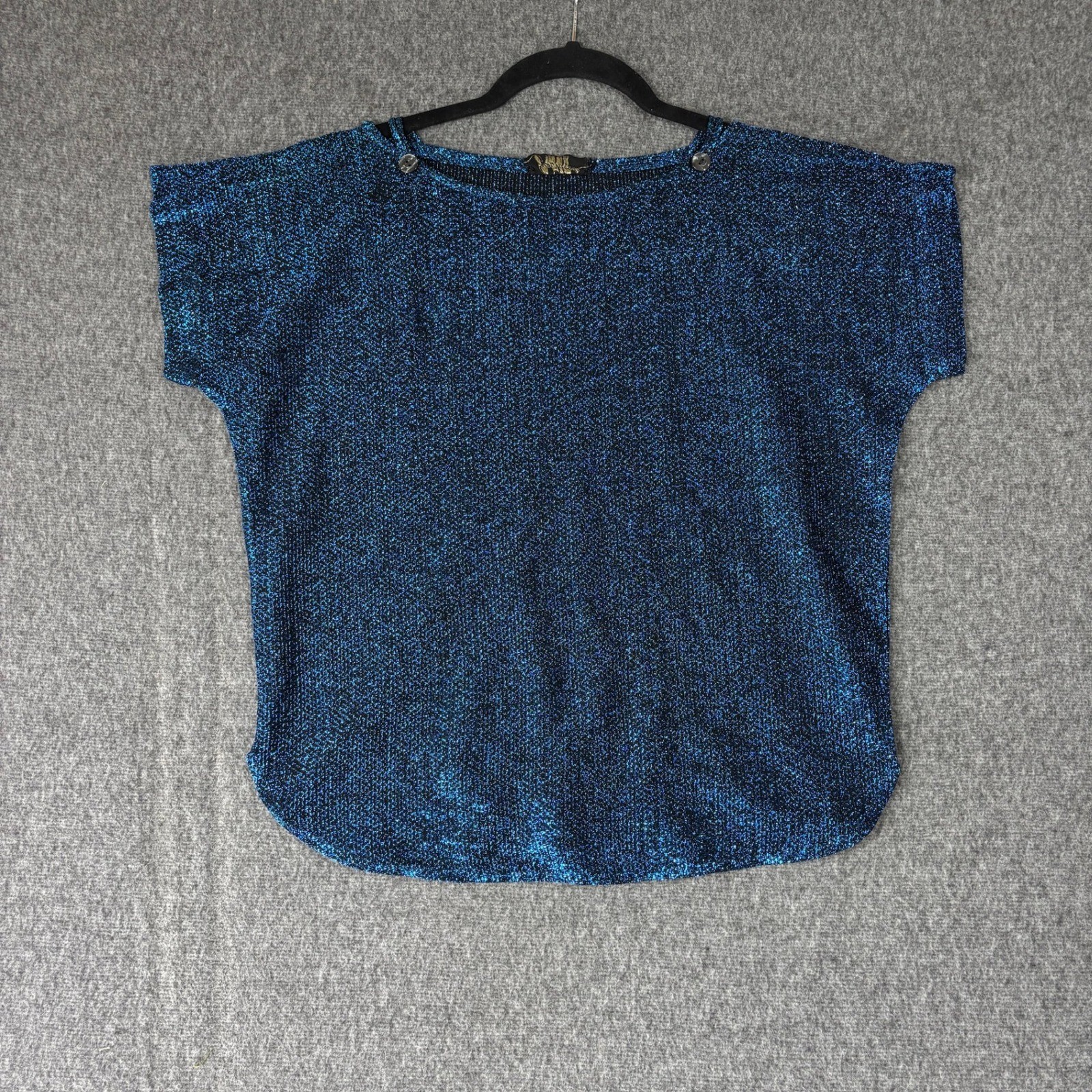 Jon Woods New York Vintage Metallic Blue Knit Top Short Sleeve Lurex Blouse L