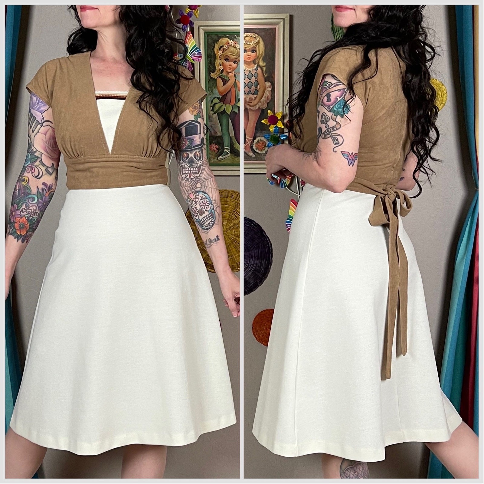 Vintage 1970s Tan Short Sleeve A-Line Dress – Extra Small | Small | 26″ Waist