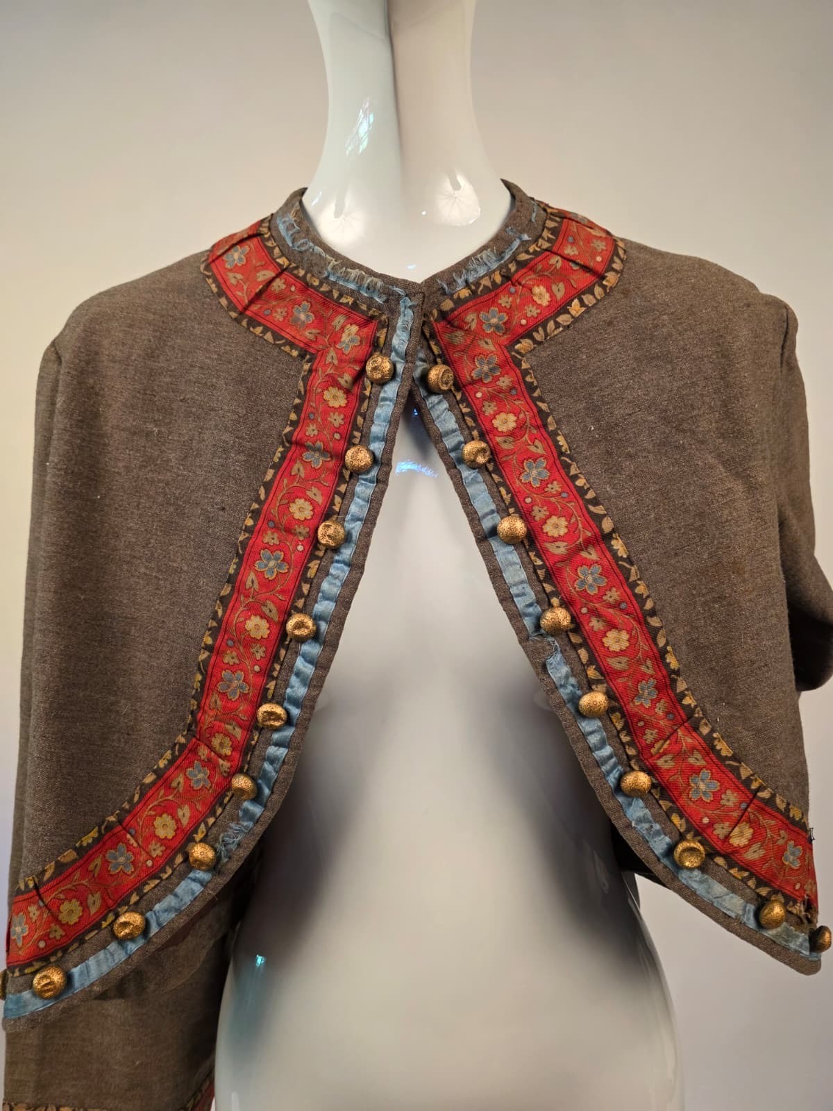 CIVIL WAR 1860’S WOOL CUTAWAY ZOUAVE JACKET W FLORAL PRINT COTTON EDGING