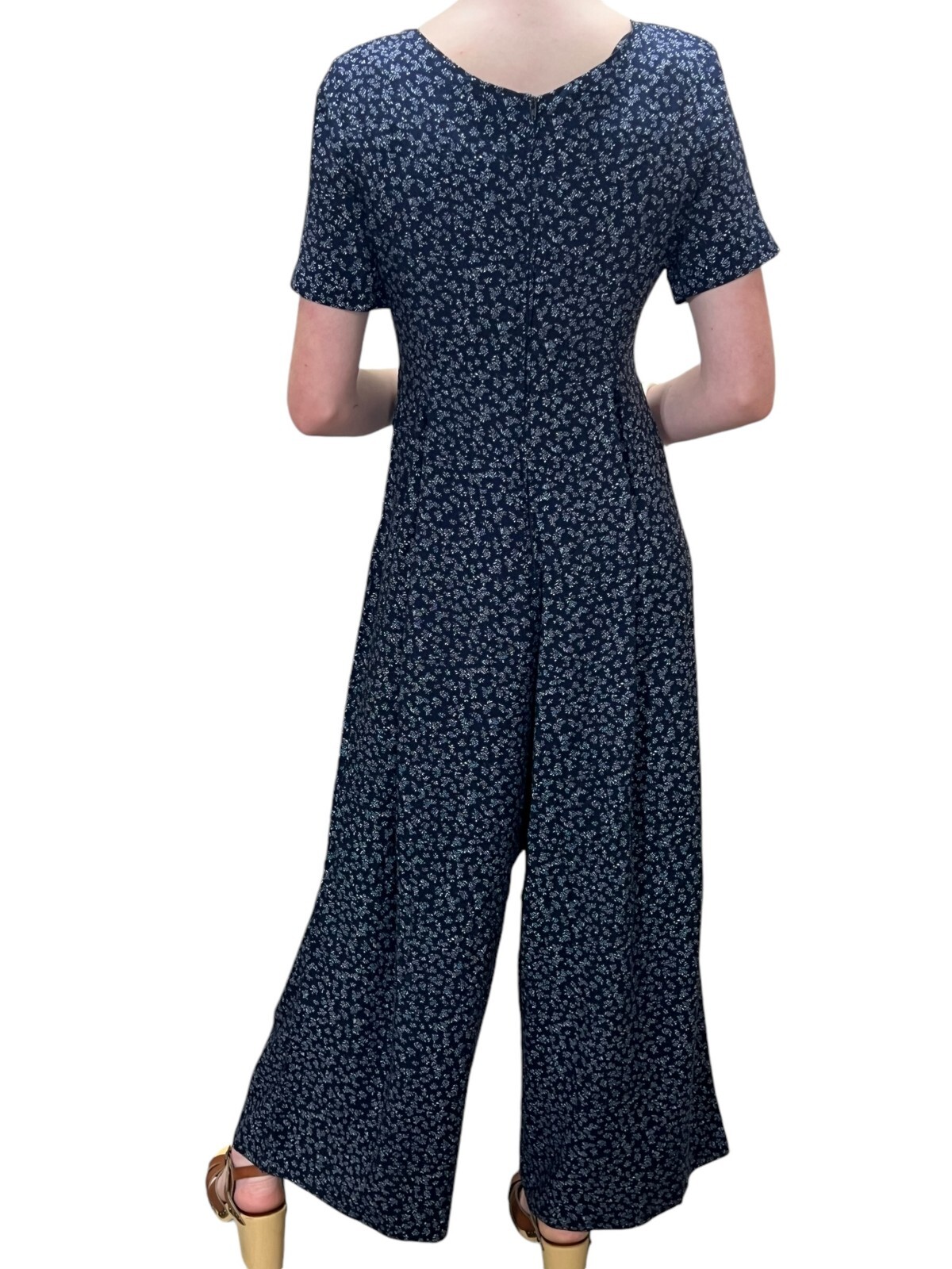 BANDANA NECK TIE Vtg 80s M Jumpsuit Blue Rayon Palazzo Pants Jumper EXPO USA