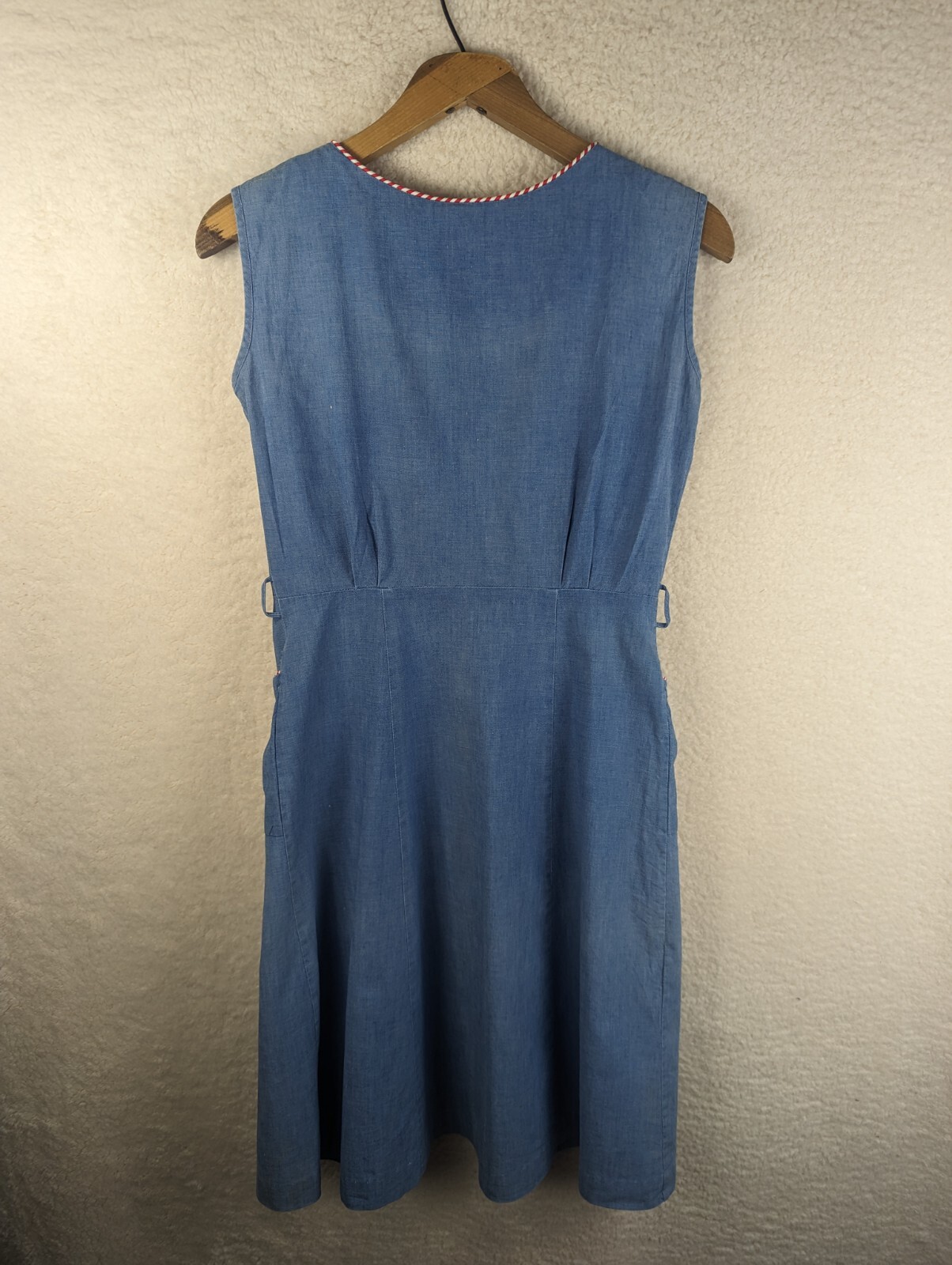 Vtg Pat Perkins Romper Dress Archery Embroidered Denim Chambray Look Pockets
