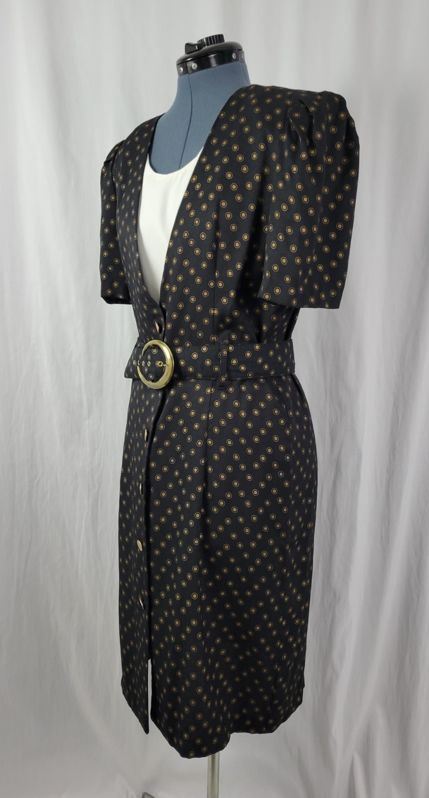 Vtg Whirlaway Frocks Black Sheath Dress w Gold Pattern, Belt & Dickey Size 14