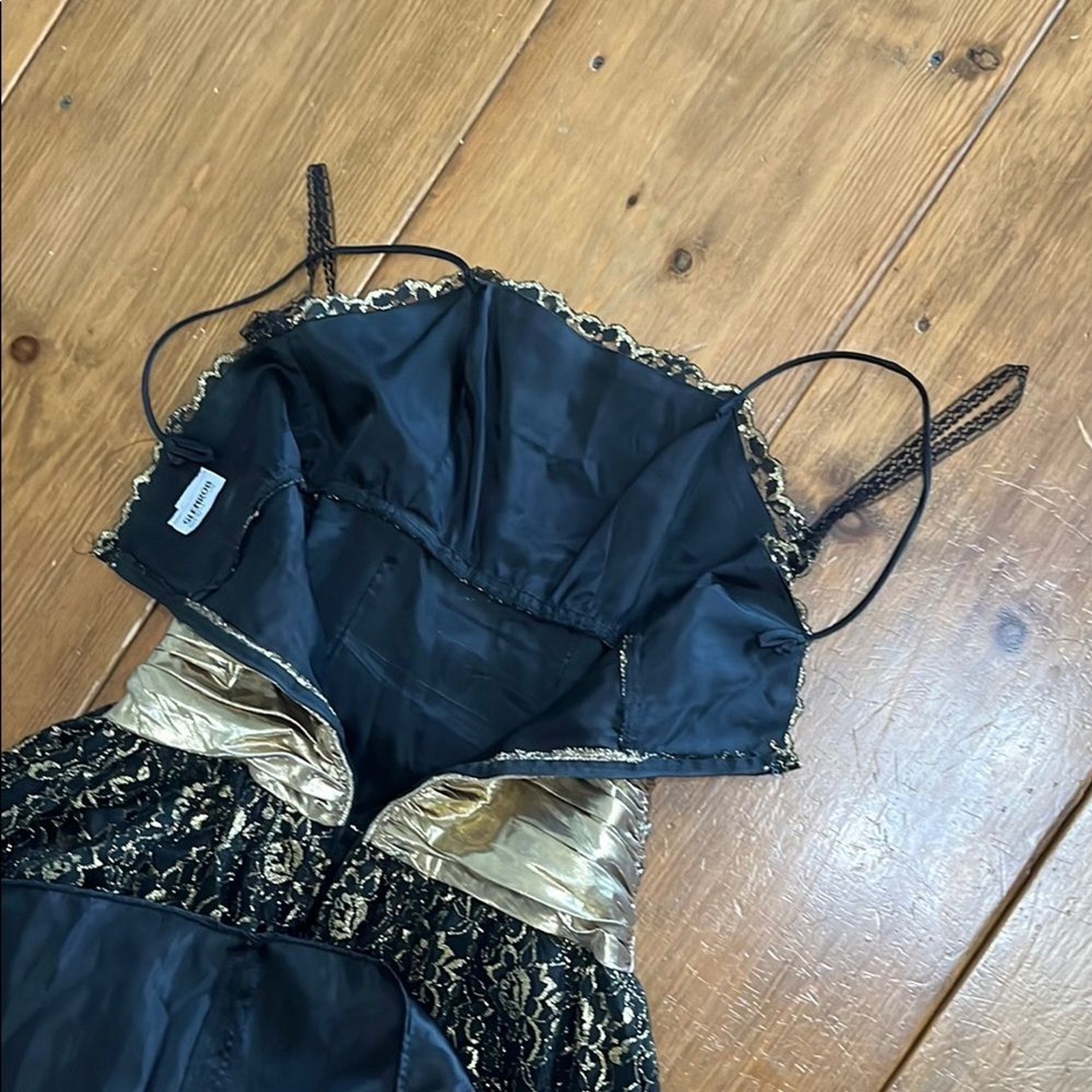 VTG 80s Black and Gold Lace Spaghetti Strap Cocktail Prom Dress with Tulle