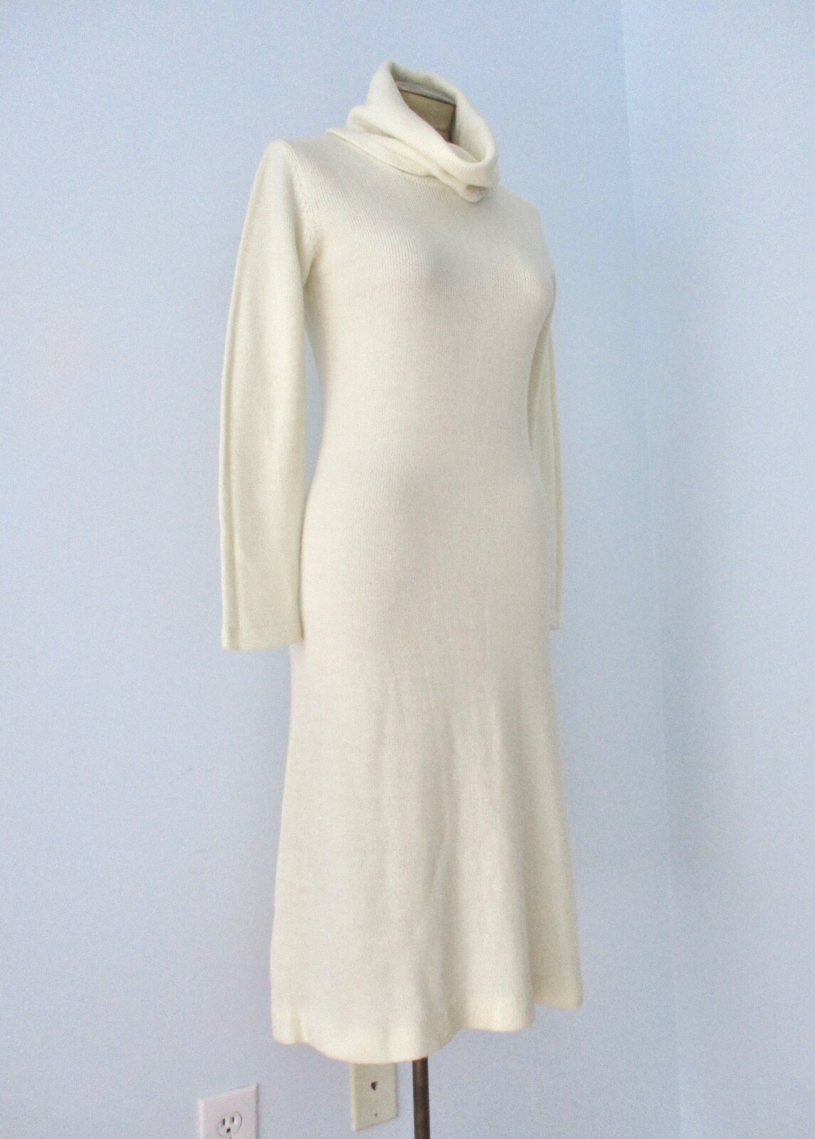 Vtg 70s Ivory 2-Pc Disco Cowl Neck Sweater Dress Blue Tribal Stripe Tunic Vest 8