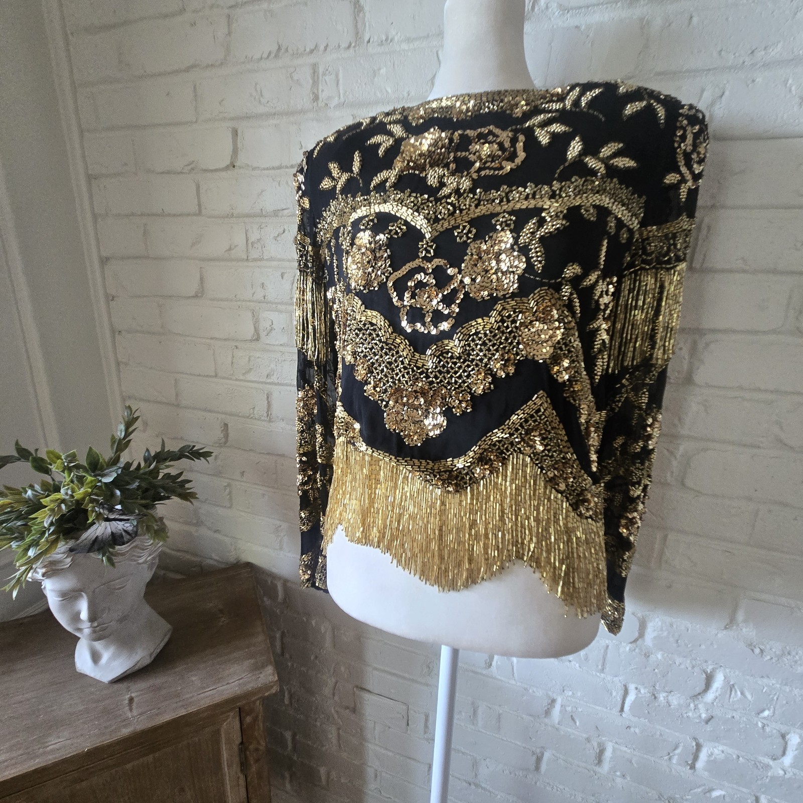 Vtg 80s 100%Silk Gold Embellished Top By Black Tie, S, Party, Formal