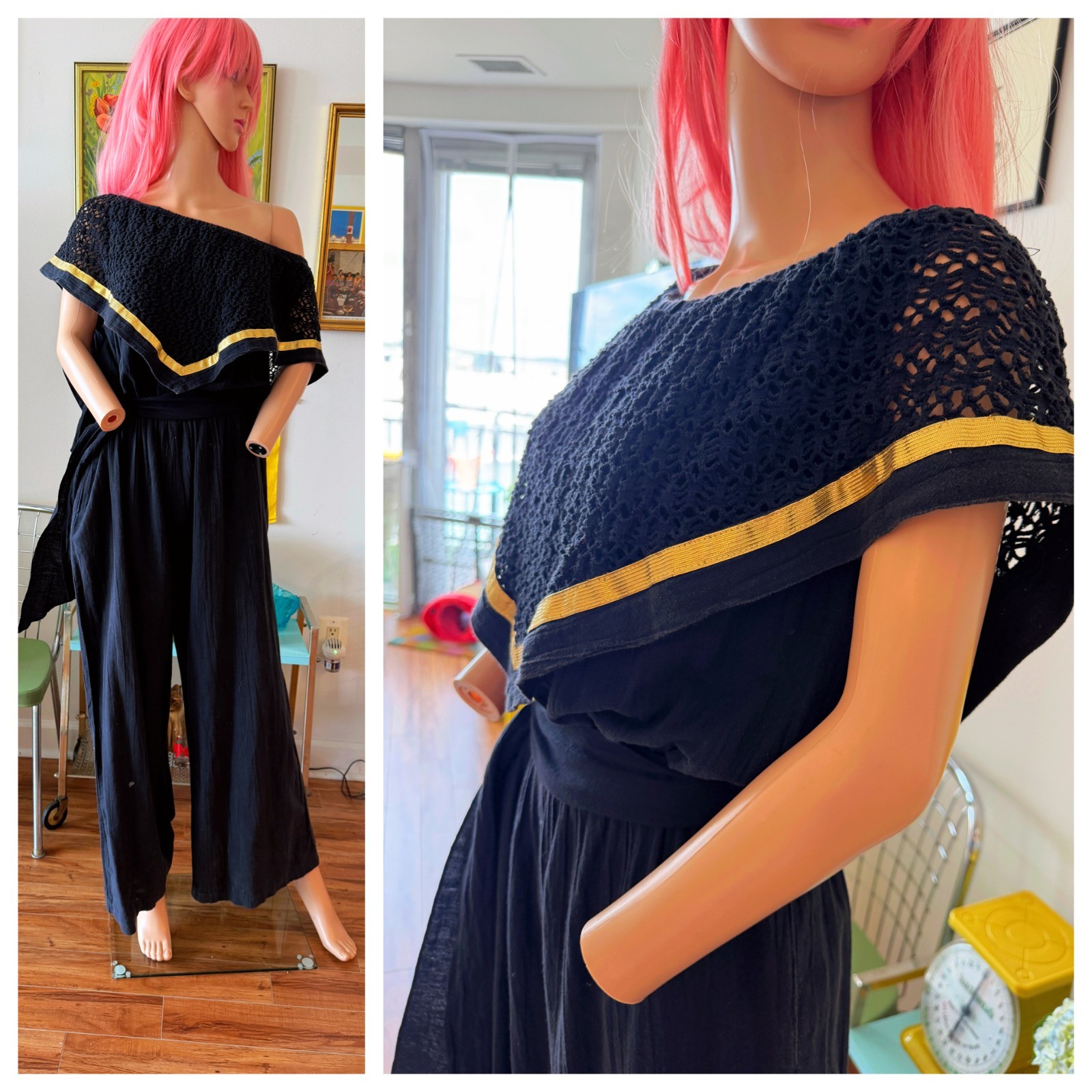 🖤 Vtg 70s Leisure Living Black 100% Cotton Bib Boho Hippie Jumpsuit Romper S
