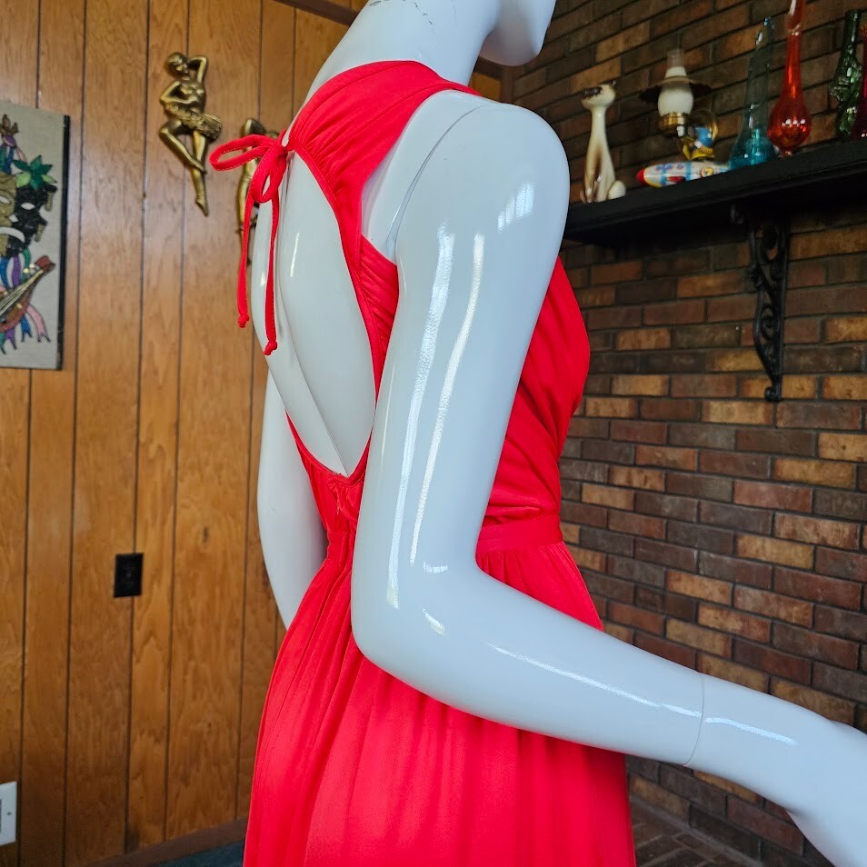 Vintage 70s Disco Cut Out Backless Red Draped Jersey Maxi Bra Dress Gown XS/S