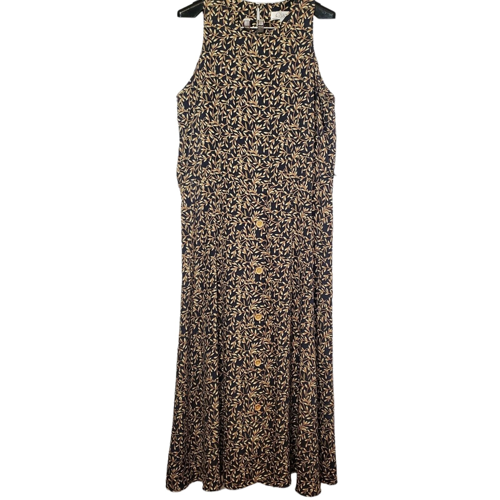 VTG Clues Sleeveless Maxi Dress w/Belt Sz 16 Black Tan Vines Leaves Faux Bamboo