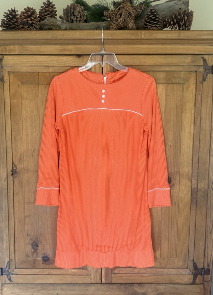 Vtg 1970s Dress Mod Twiggy Orange Stripe Homemade CONDITION ISSUES #278