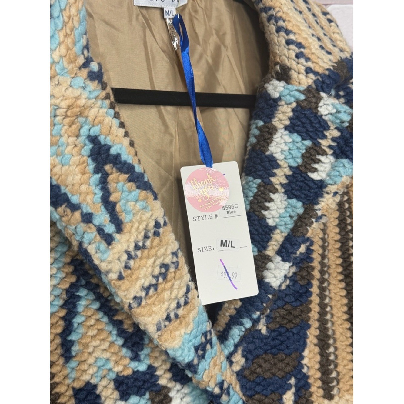 Tempo Paris Chunky Knit Patchwork Coat Neutral Blue Boho Aztec Jacket Sz Med/Lg
