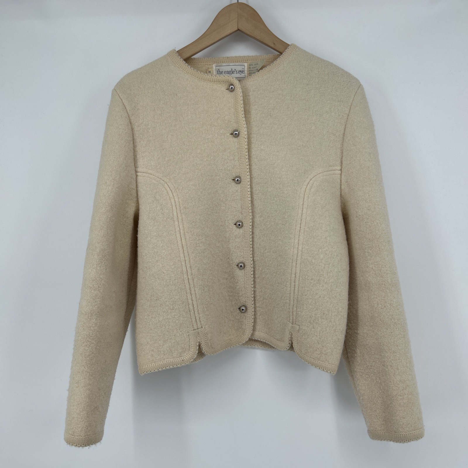 Vintage The Eagle’s Eye Boiled Wool Jacket Womens Size 14 Cream Ivory 80s 90s