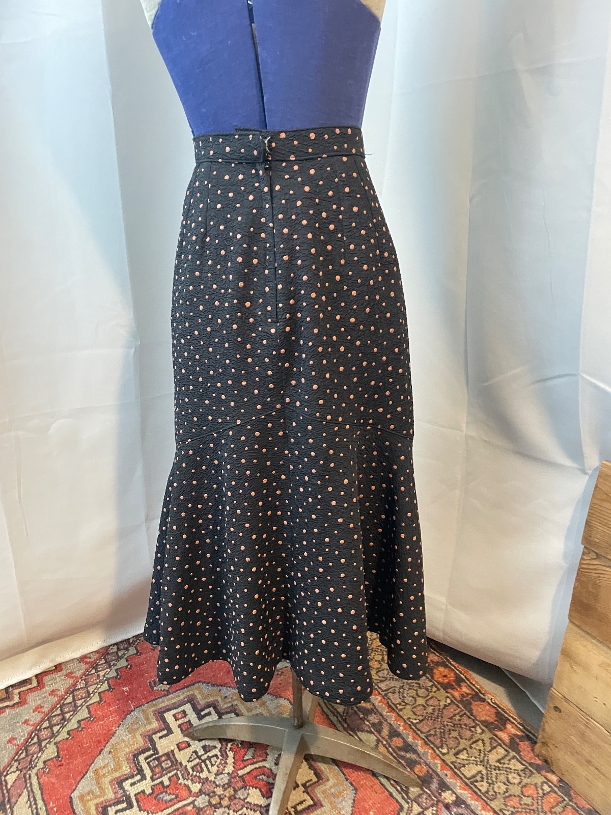 Polka Dot Ruffle Pinup Skirt Black and Tan Crepe 1950s Vintage Rockabilly S