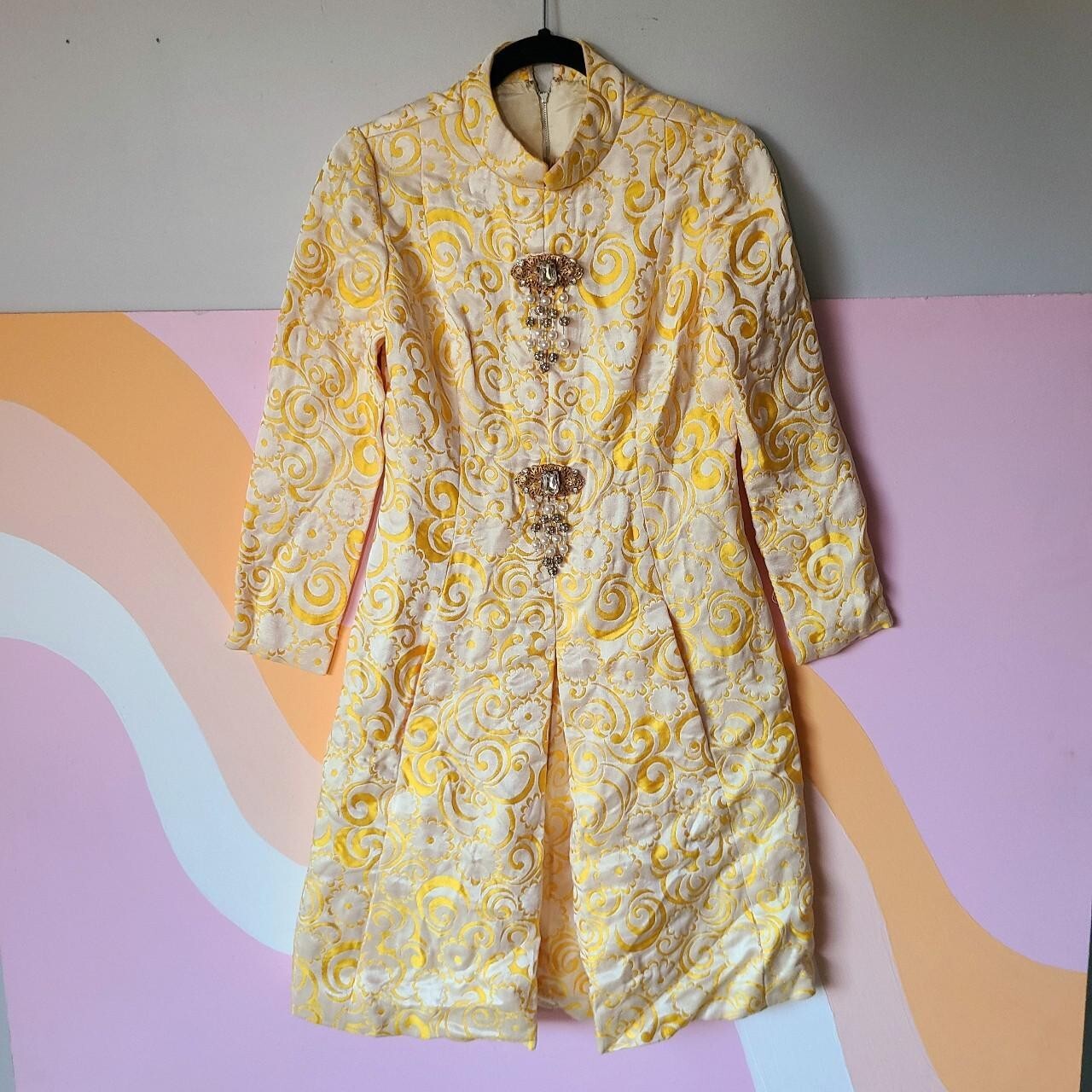 Vtg 60s Yellow Coat Regal Rococo Brocade Beaded