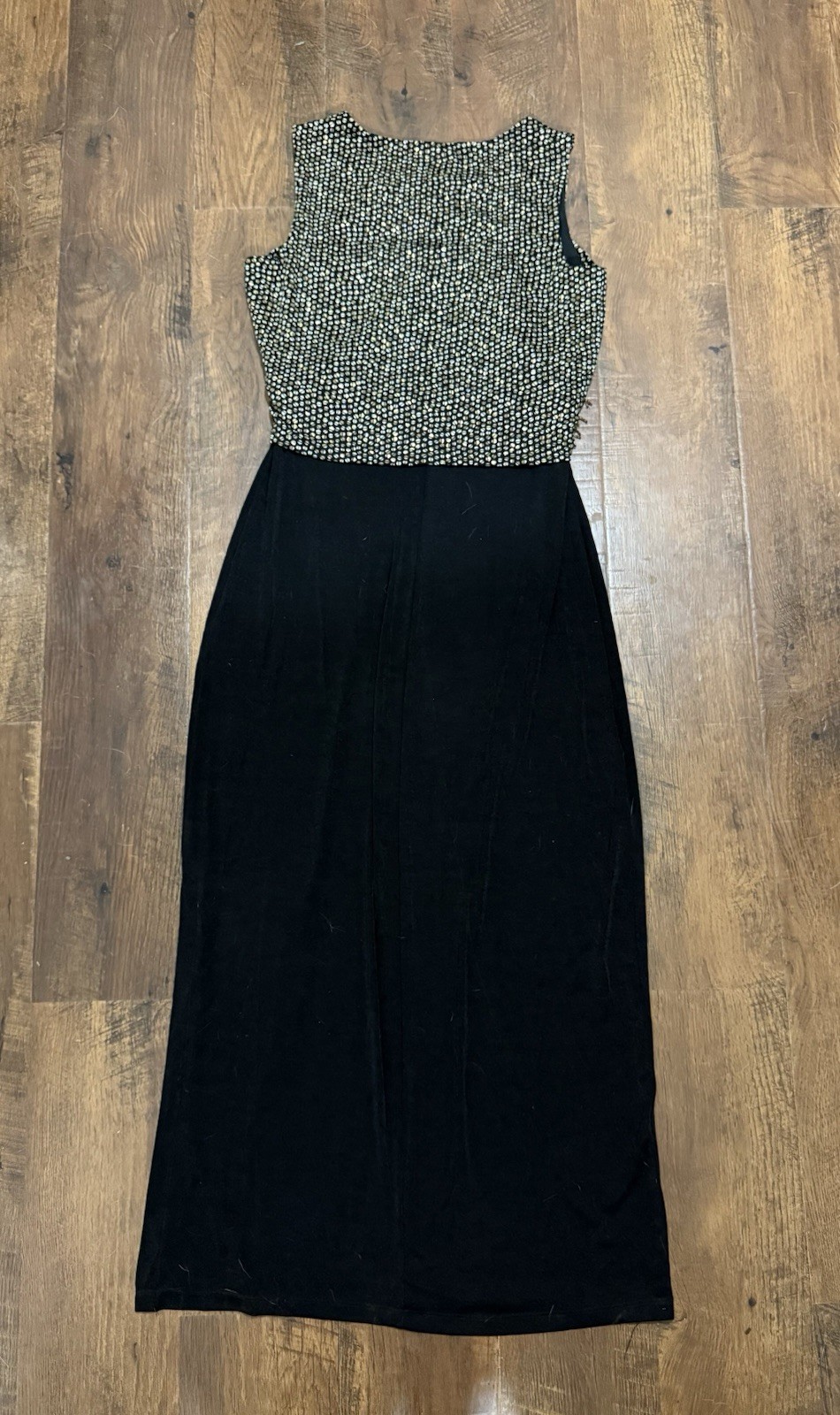VTG 90s I.N. Studio San Francisco Long Maxi Black Gold Circle Fringe Dress Sz 8