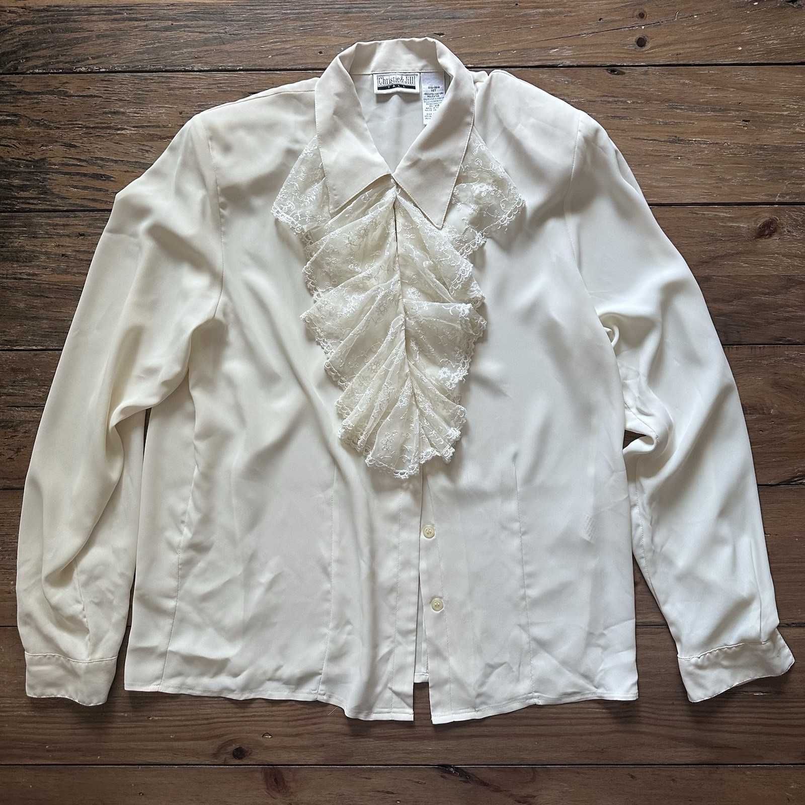 Vtg 80s Christie & Jill Blouse 14T White Lace Jabot Ruffle Secretary Romantic