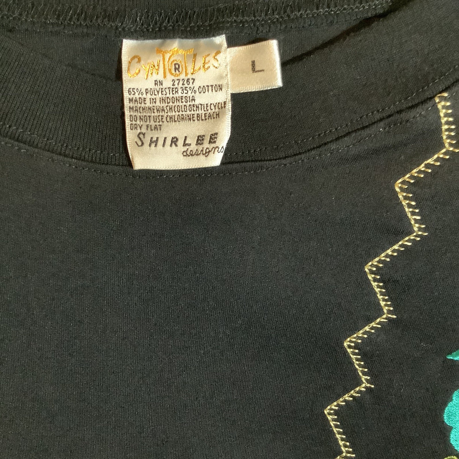 Cyn Les Shirlee Designs Floral Embroidered Pullover, Black, 3/4 Sleeve, Vintage