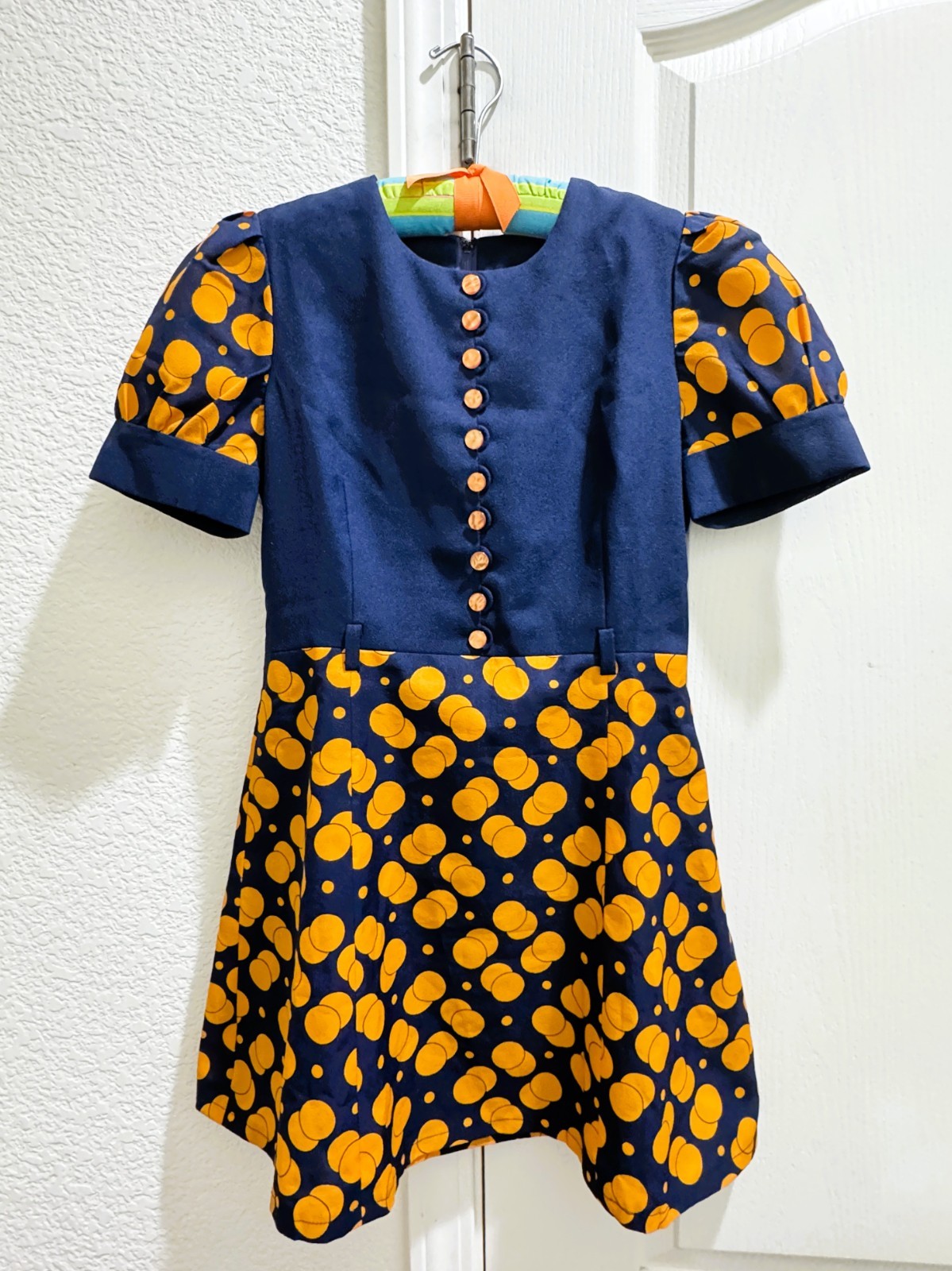 Vintage 1960s Puff Sleeve Navy Blue and Orange Micro Mini Dress Size Small S