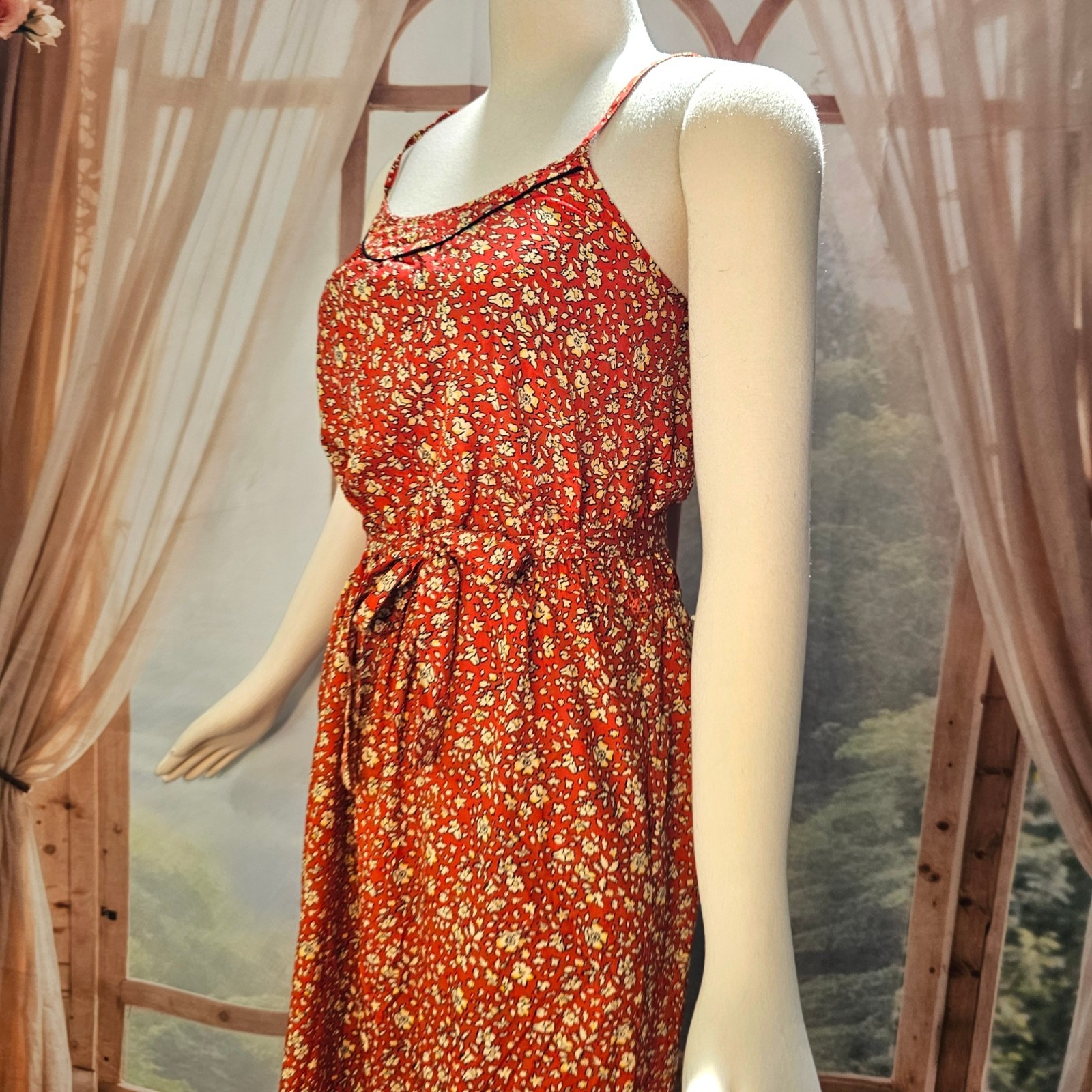 Vintage 1970s Dress Sundress Spaghetti Straps Tie Belt Red Cream Floral Boho
