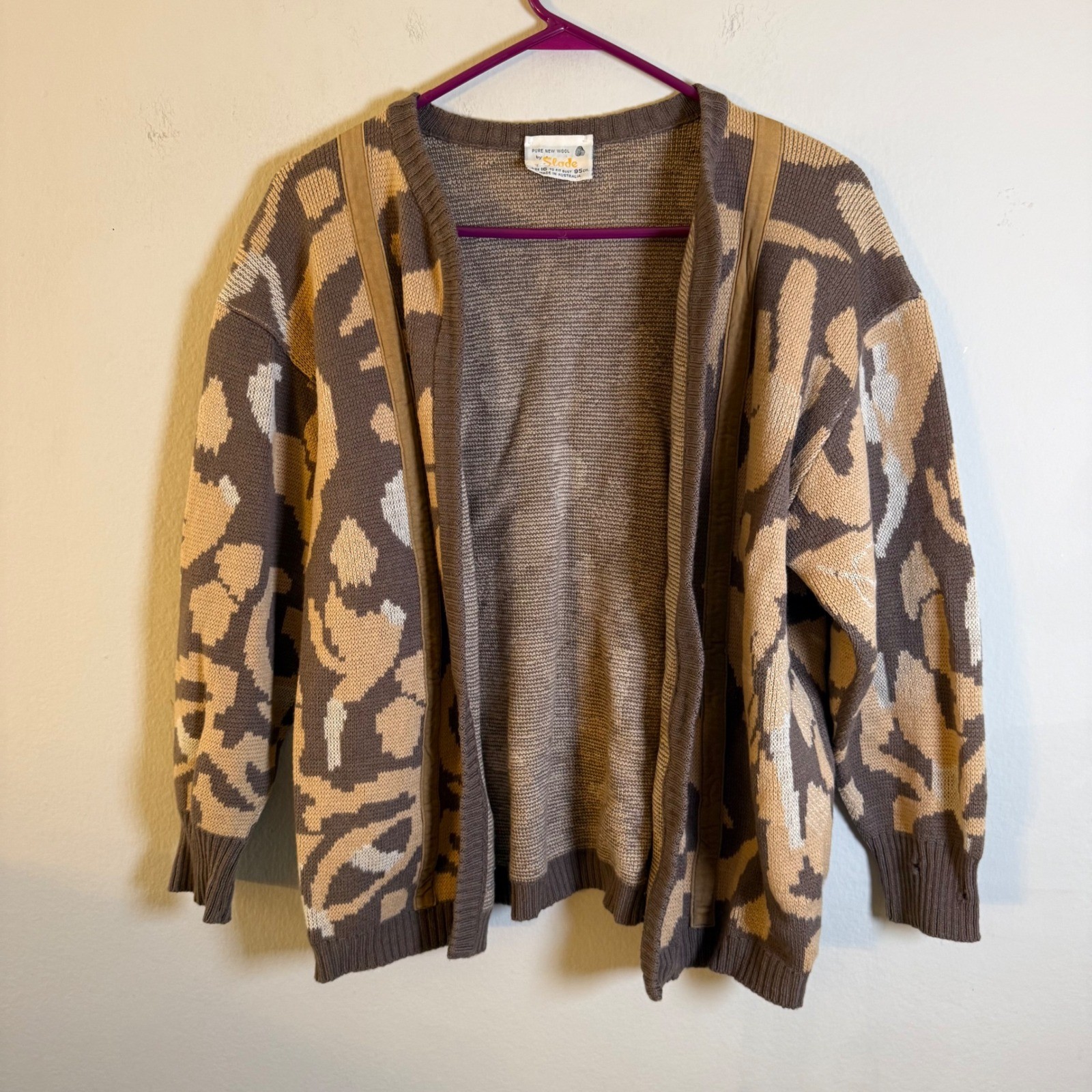 Vintage Slade Pure New Wool Cardigan Abstract Brown Tan Australia Womens 16