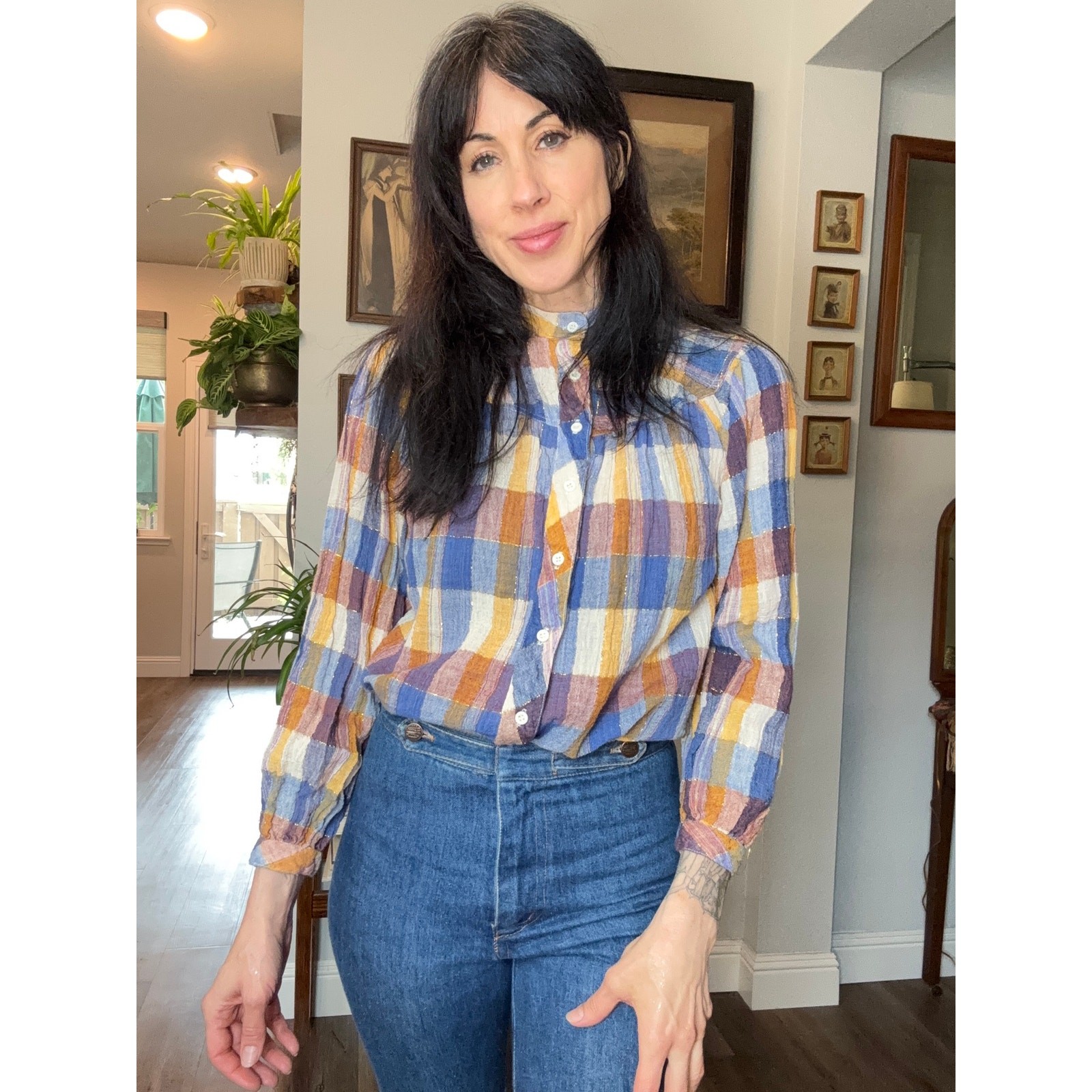 70s 80s vintage plaid blouse button down metallic thread heavy cotton gauze
