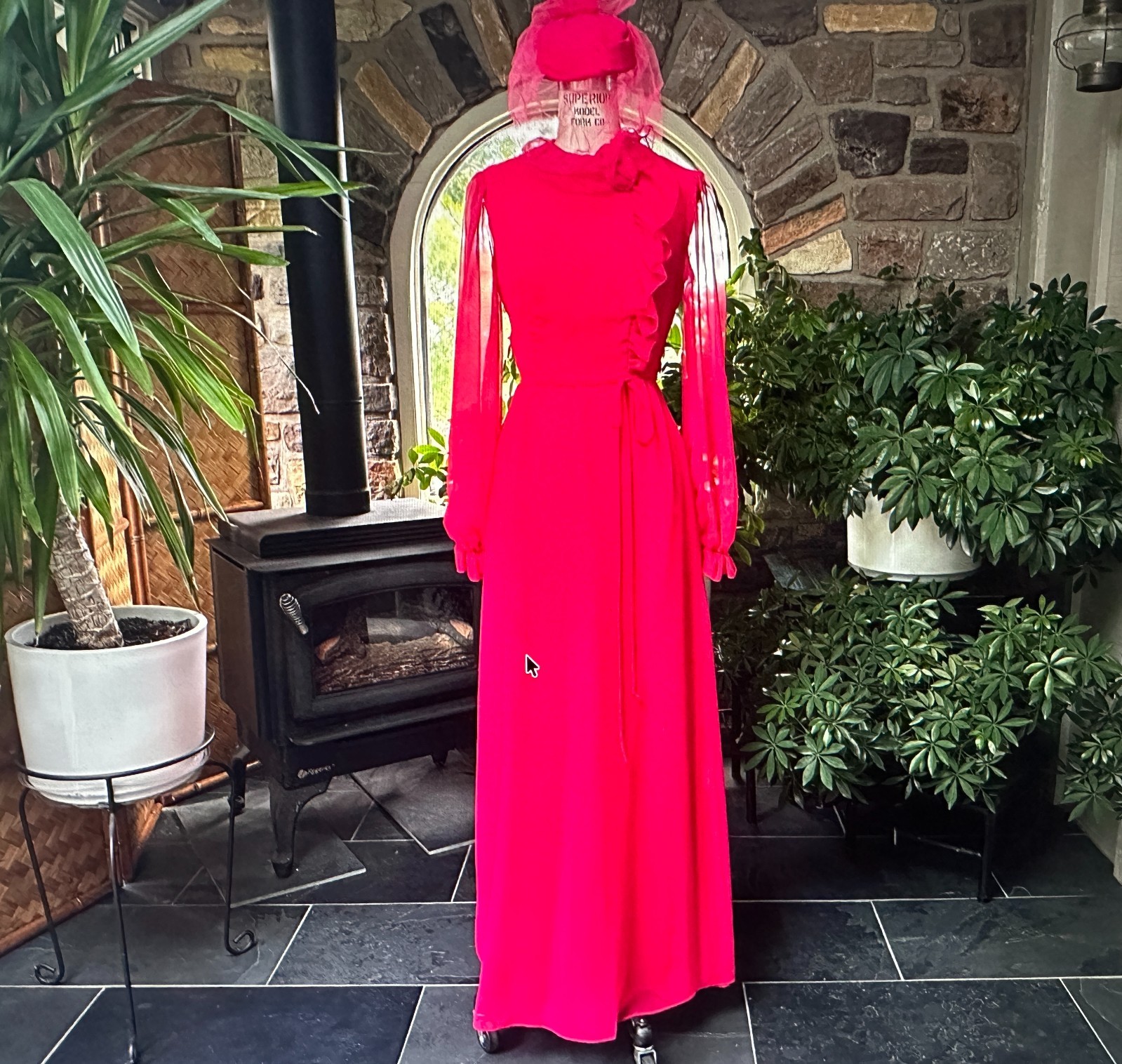 Vintage 1970s Deep Pink Chiffon Bridesmaid Dress Veil Hat House Bianchi Boston