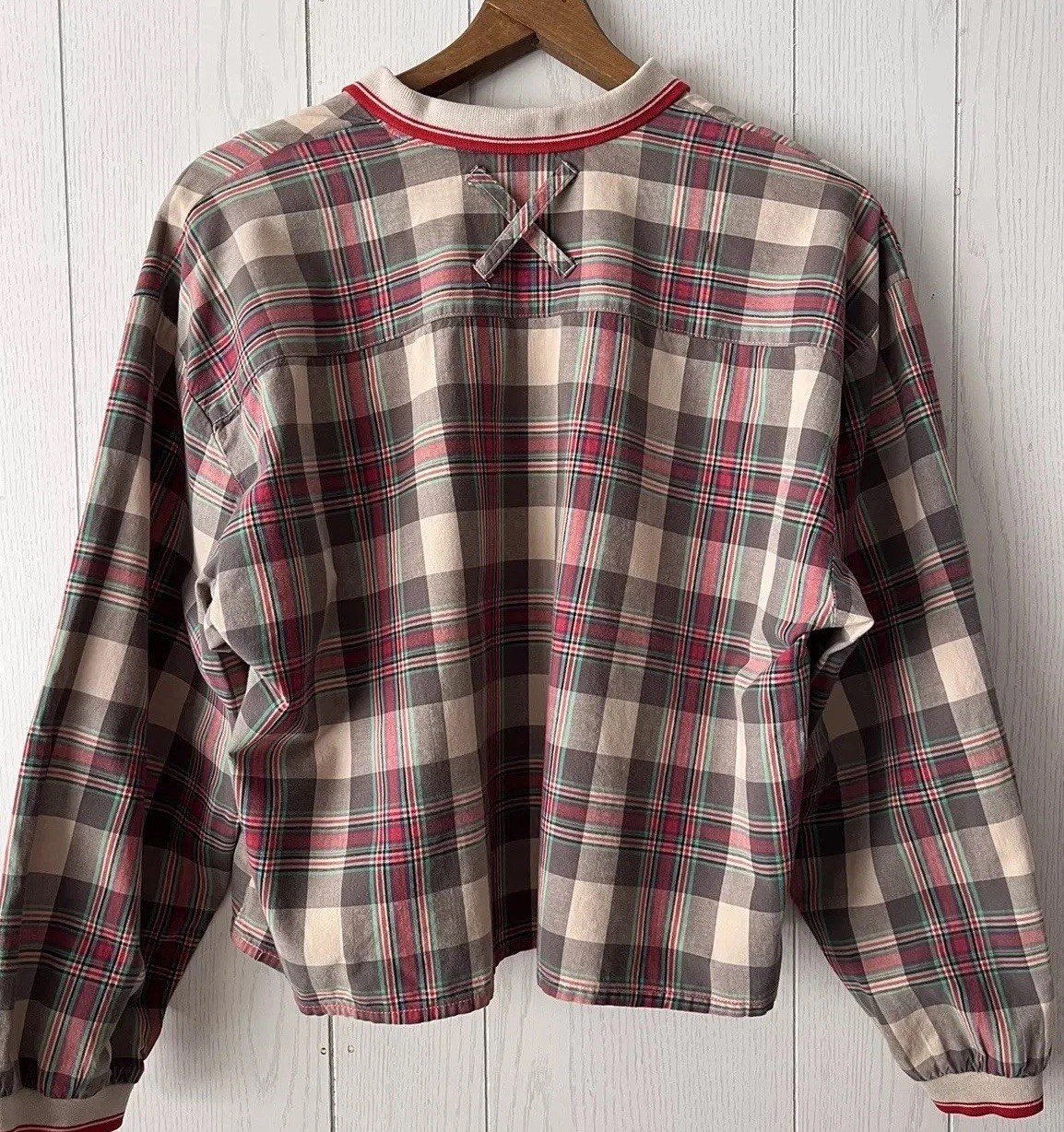 Vintage 1980’s Actif Cropped Top Blouse Shirt Balloon Sleeve Women’s Large Plaid