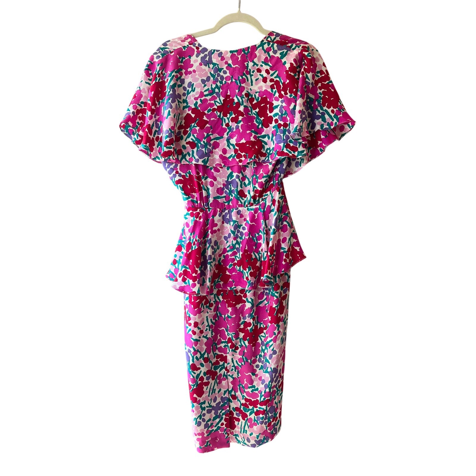 Jack Mulqueen Vintage Silk Dress Size 4 S Bright Floral Peplum Wrap V-Neck 80s