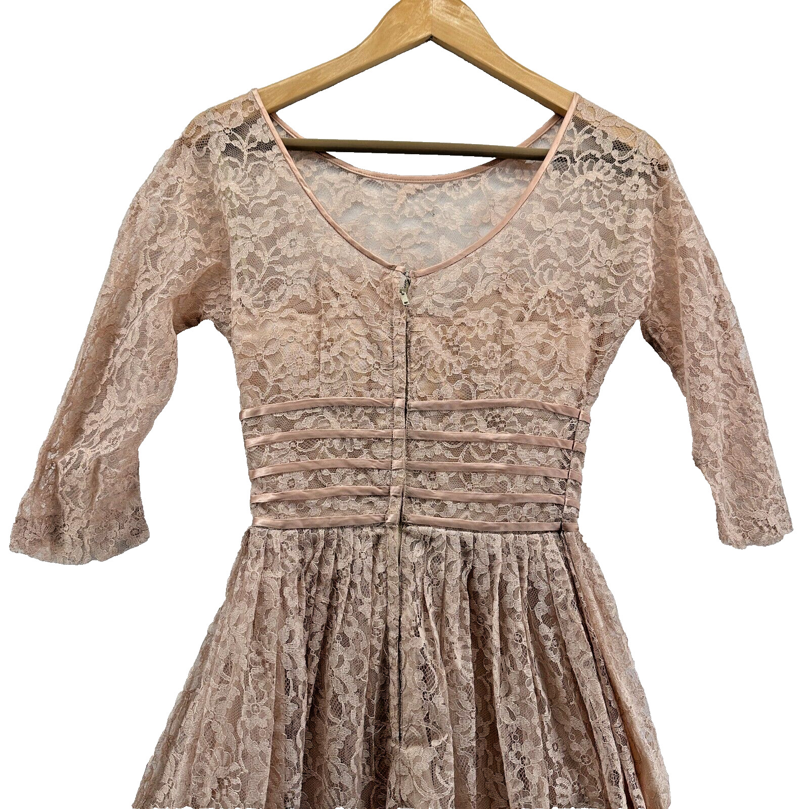 1950s Lace Dress Vintage Cocktail A Line 3/4 Sleeve Satin Lined Beige Nude Blush
