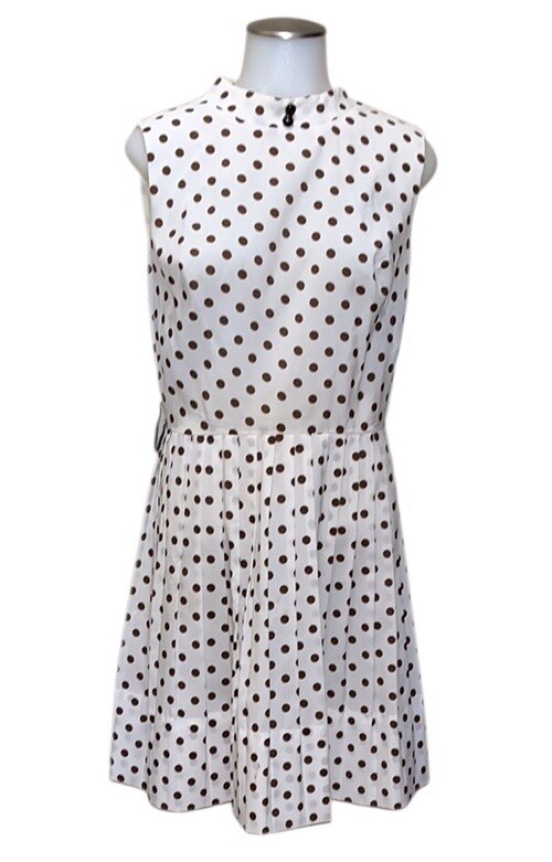Vtg Alden’s Fashions MCM 70s Dress W/Pleated Skirt~Cream W/Brown Polka Dots~READ