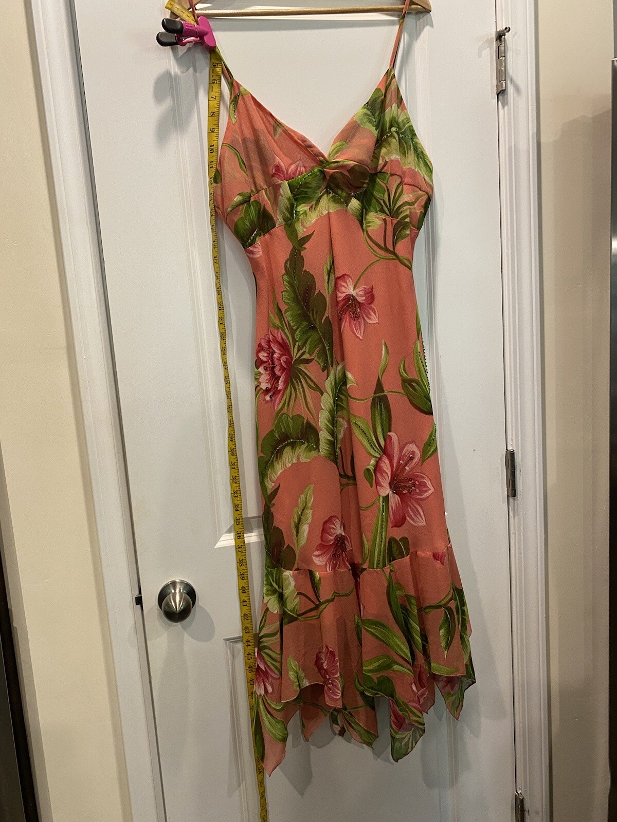 80s Vintage Pink Floral Rag Beaded Sleeveless Dress XL