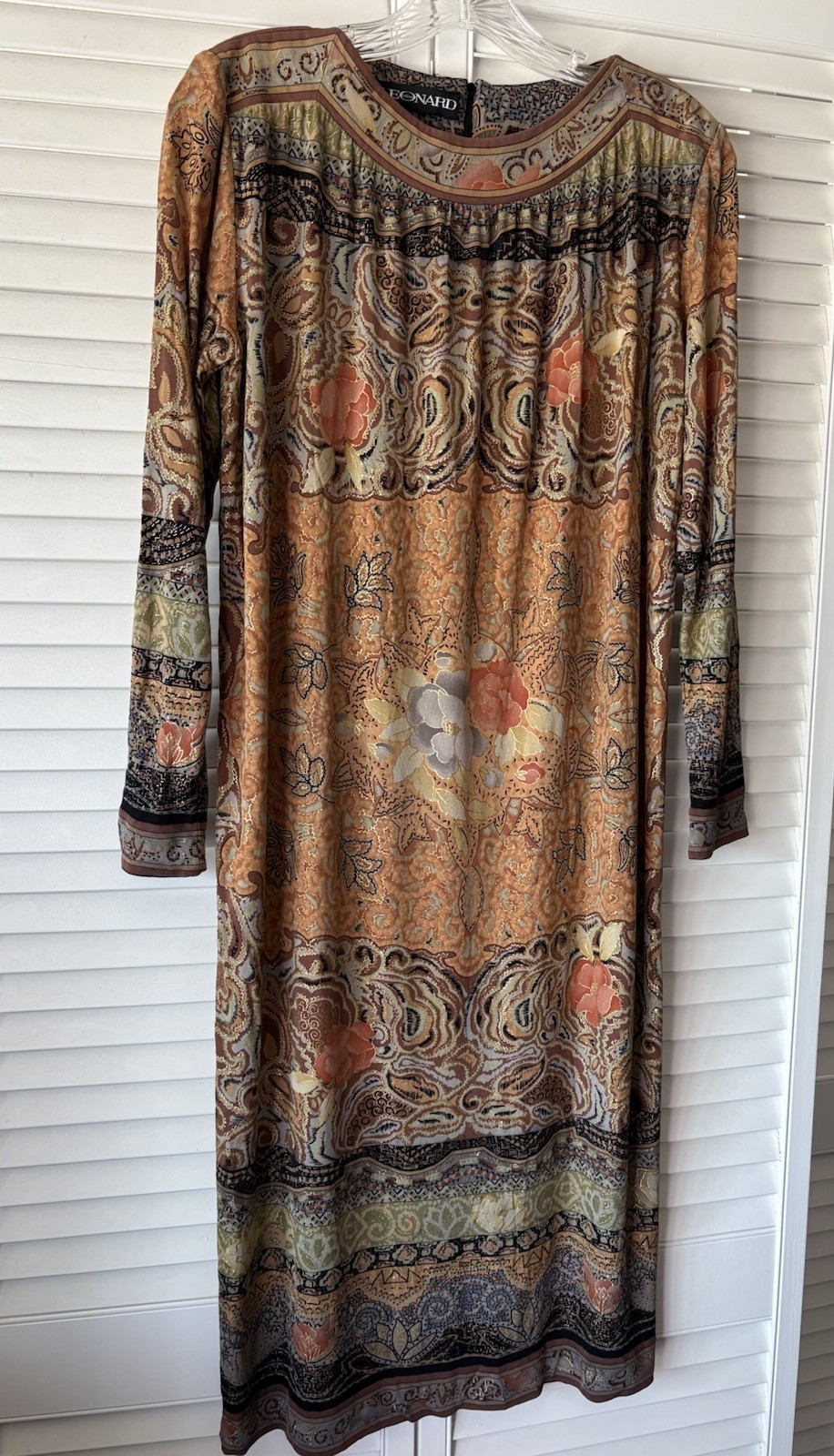 Vintage 70’s LEONARD Paris Silk Jersey Boho Floral Paisley Metallic Dress M-L