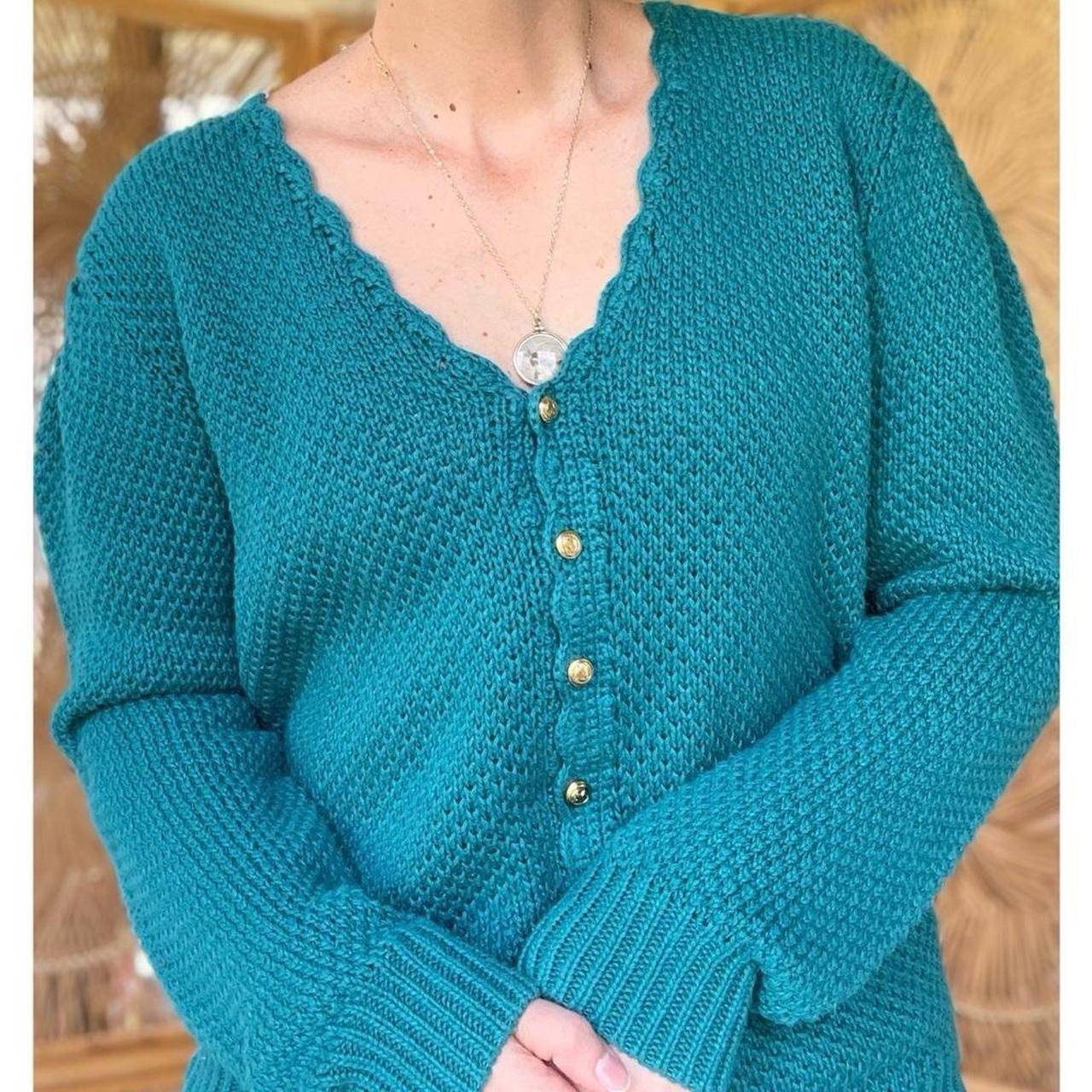 Vintage Teal Turquoise Knit Amilano Collection Button Front Cardigan Sweater