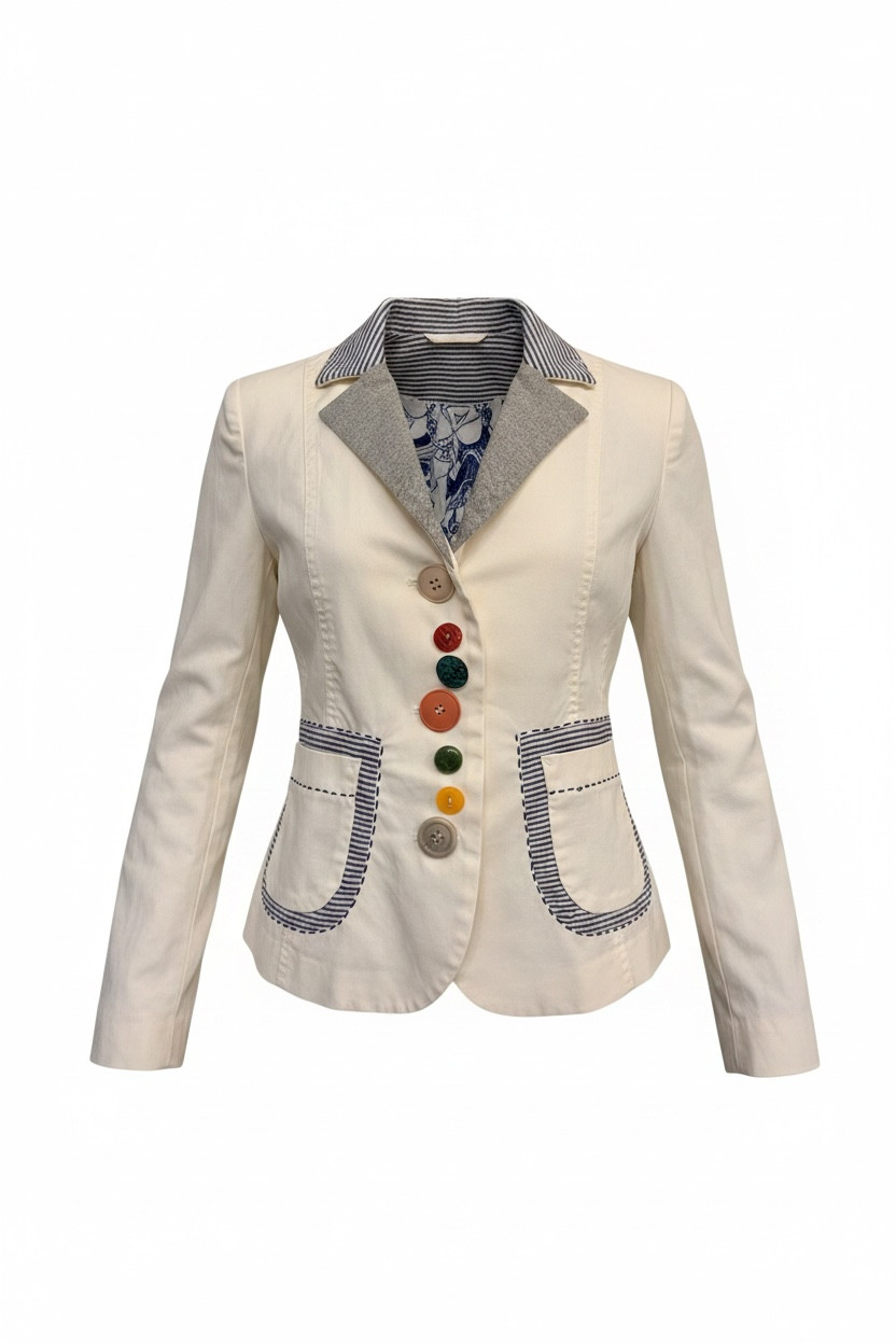 Desigual Cream Blazer Colorful Buttons European Statement Jacket Rare