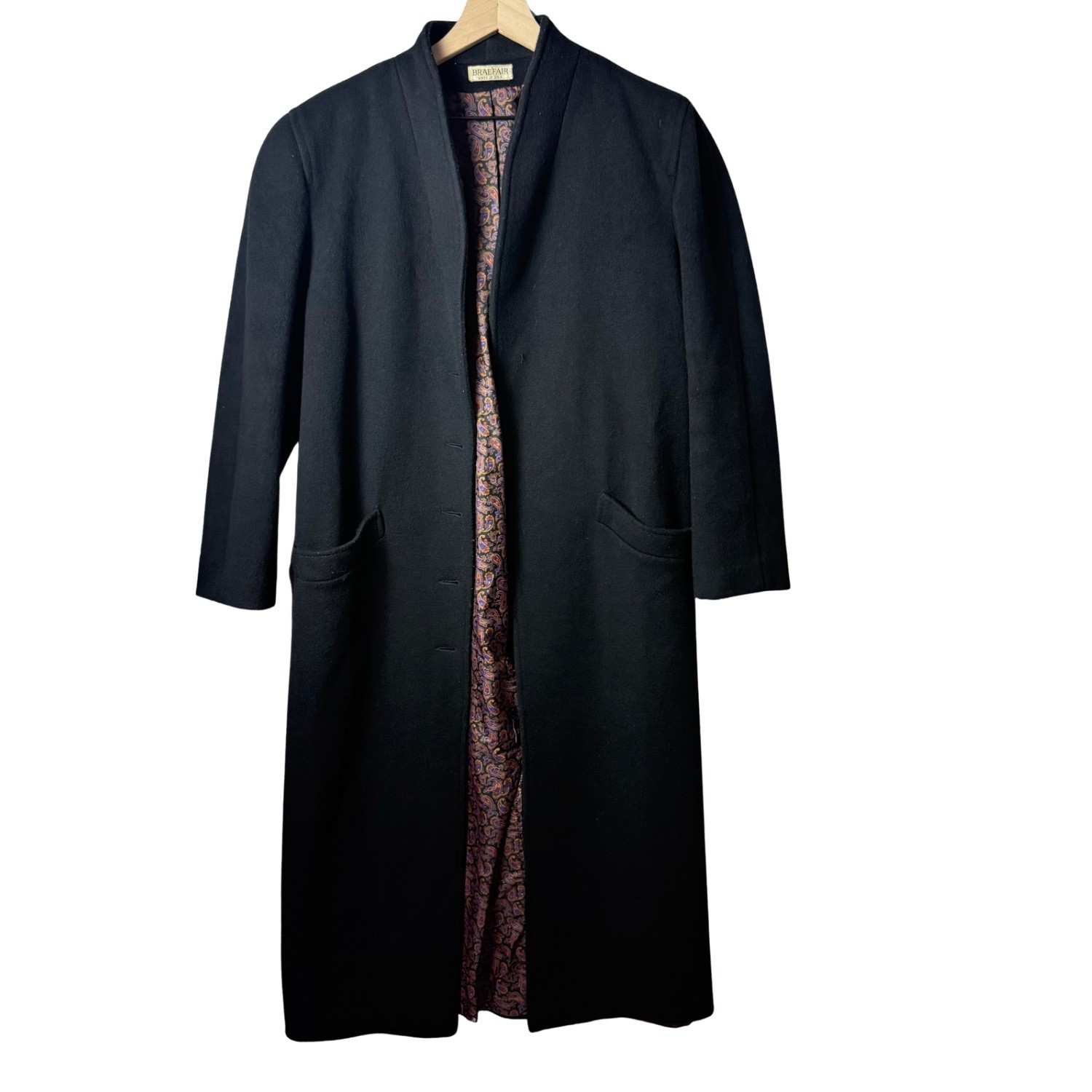 Vintage Braefair Full Length Black Cashmere Blend Trench Coat Union Made Womens