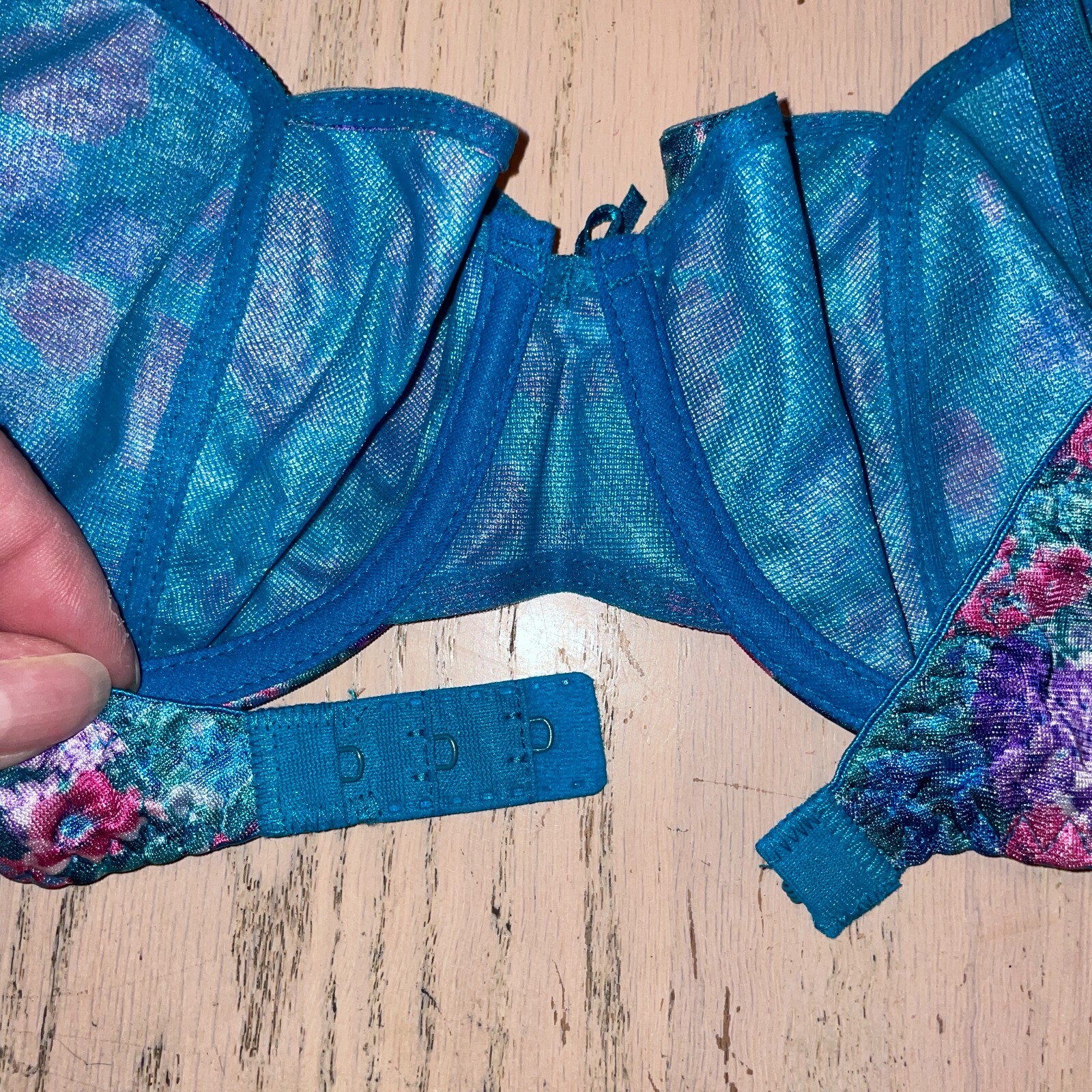 Vtg Delicates Underwire Bra Size 36B Teal Blue Floral Pink Unlined Double Strap