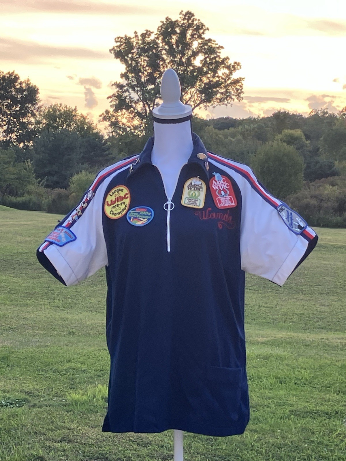 Vtg Bowling Shirt Womens Rockabilly Red White Blue Chain Stitch Pins Patches
