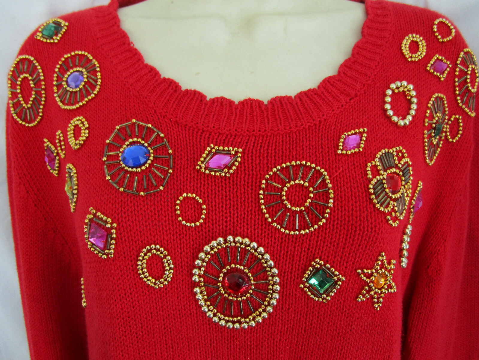 Vtg 80s Joule Jewel Embellished Ugly Christmas Party Beverly Goldberg Sweater M
