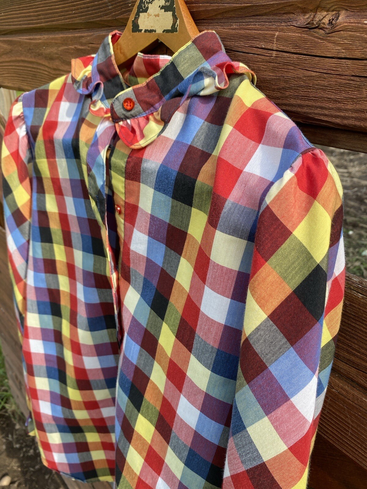 Vintage Panhandle Slim blouse Women’s Western Plaid Ruffle Red Yellow gingham