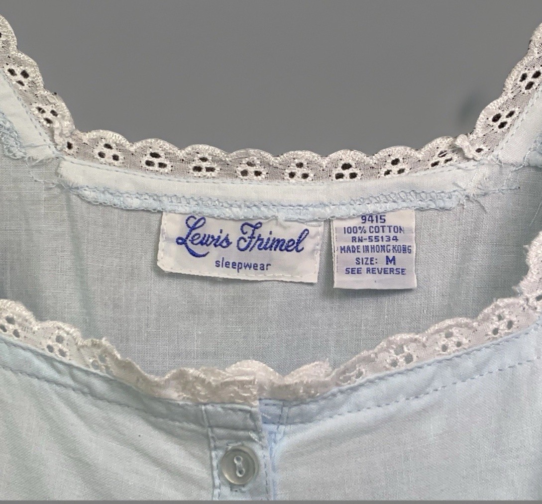 VTG Lewis Frimel Blue Cotton Nightgown M Lace Buttons Pintuck Maxi Cottage Core